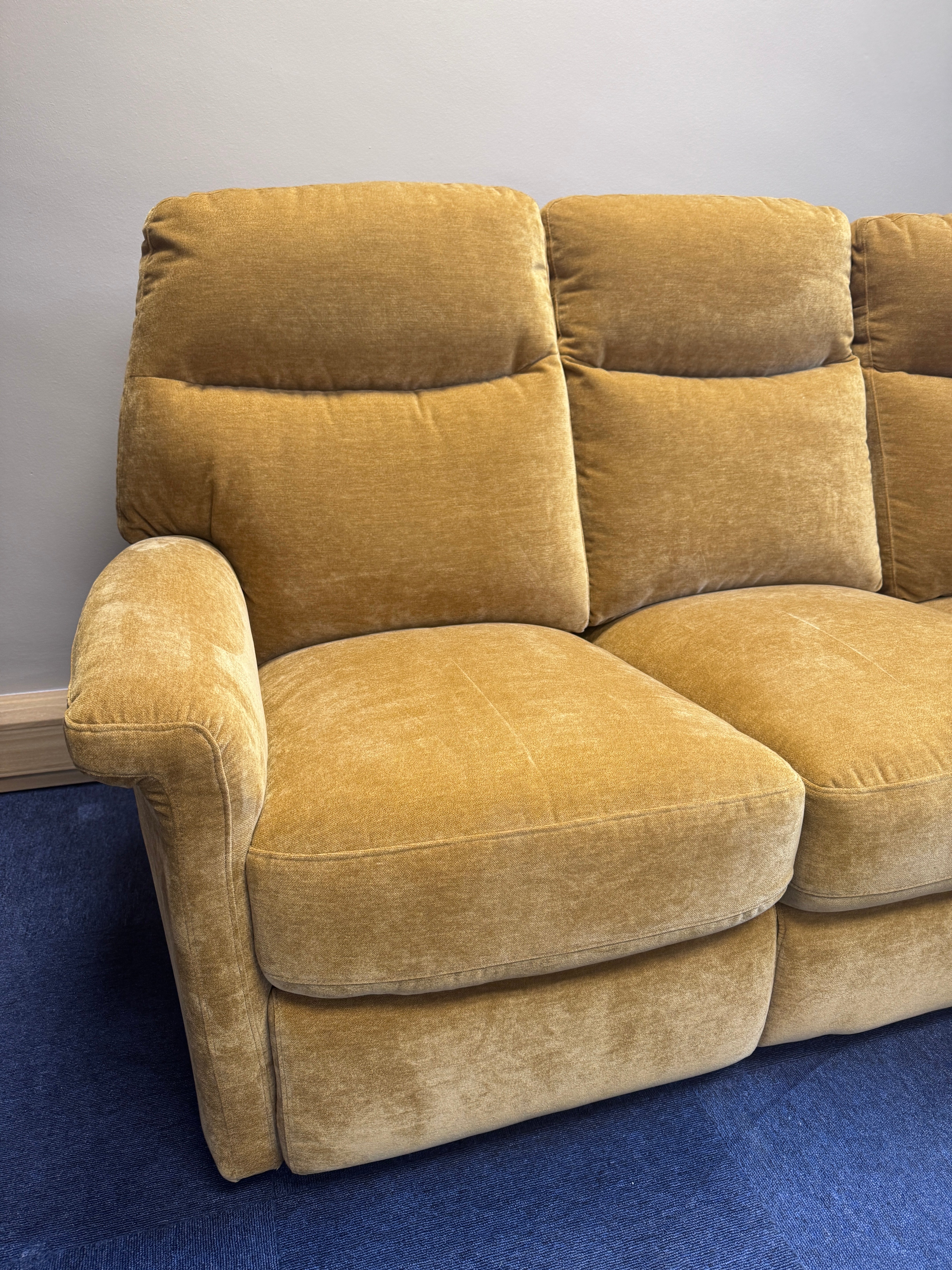 Snug Right facing electric reclining 3 piece corner sofa in mustard velvet fabric