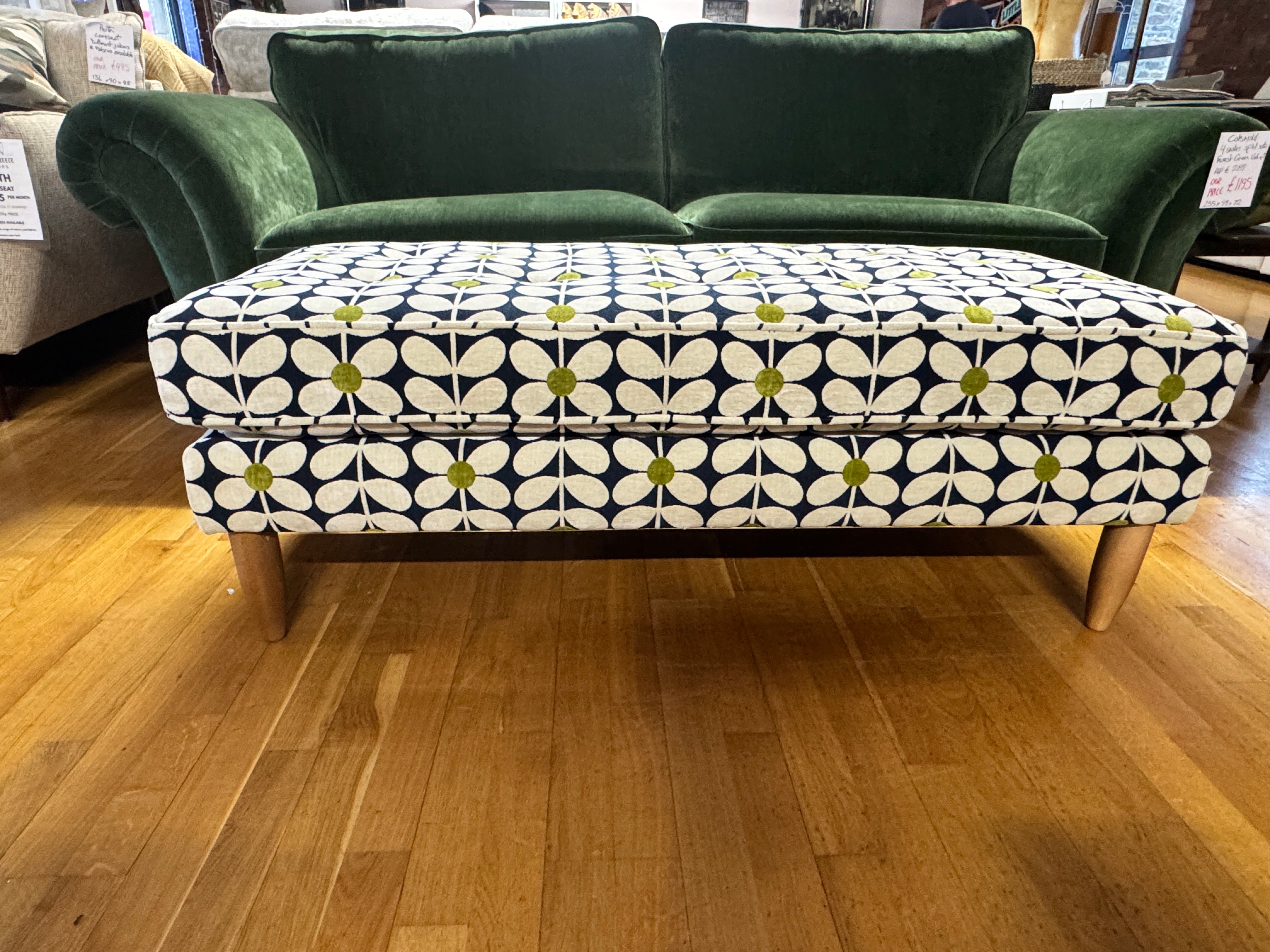 Ebben large bench style footstool in Sixties Stem print Dusk fabric