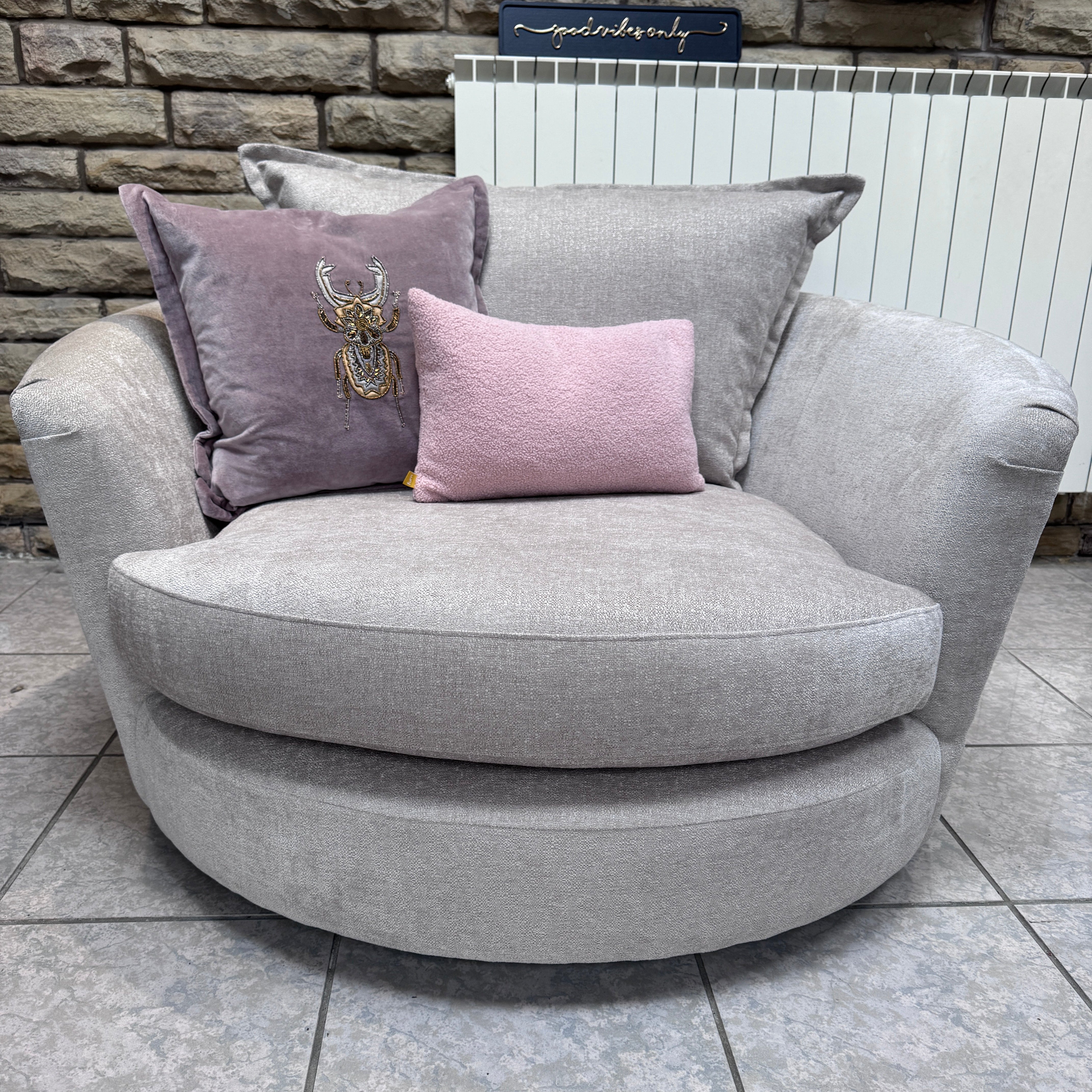 Raven XL swivel loveseat / cuddle chair in stone soft chenille fabric