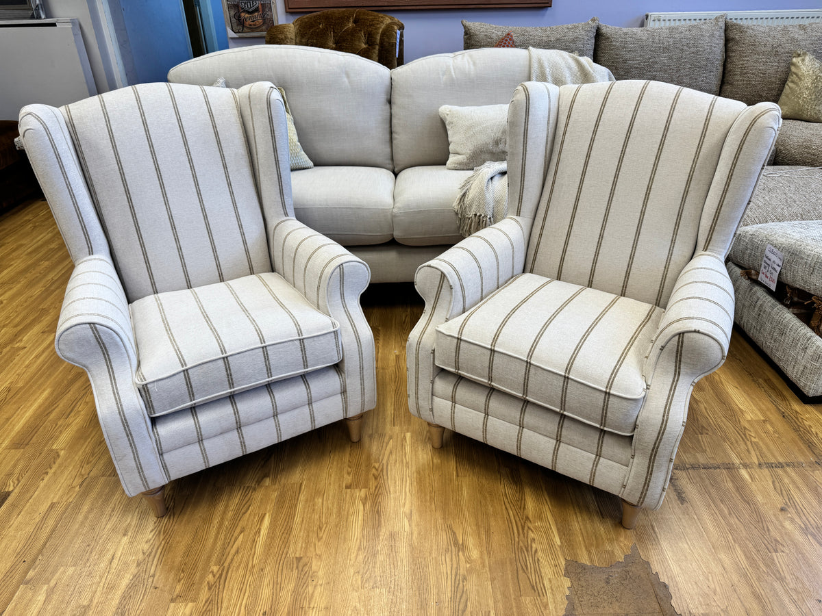 Heather high back winged armchair in natural & honey striped chenille