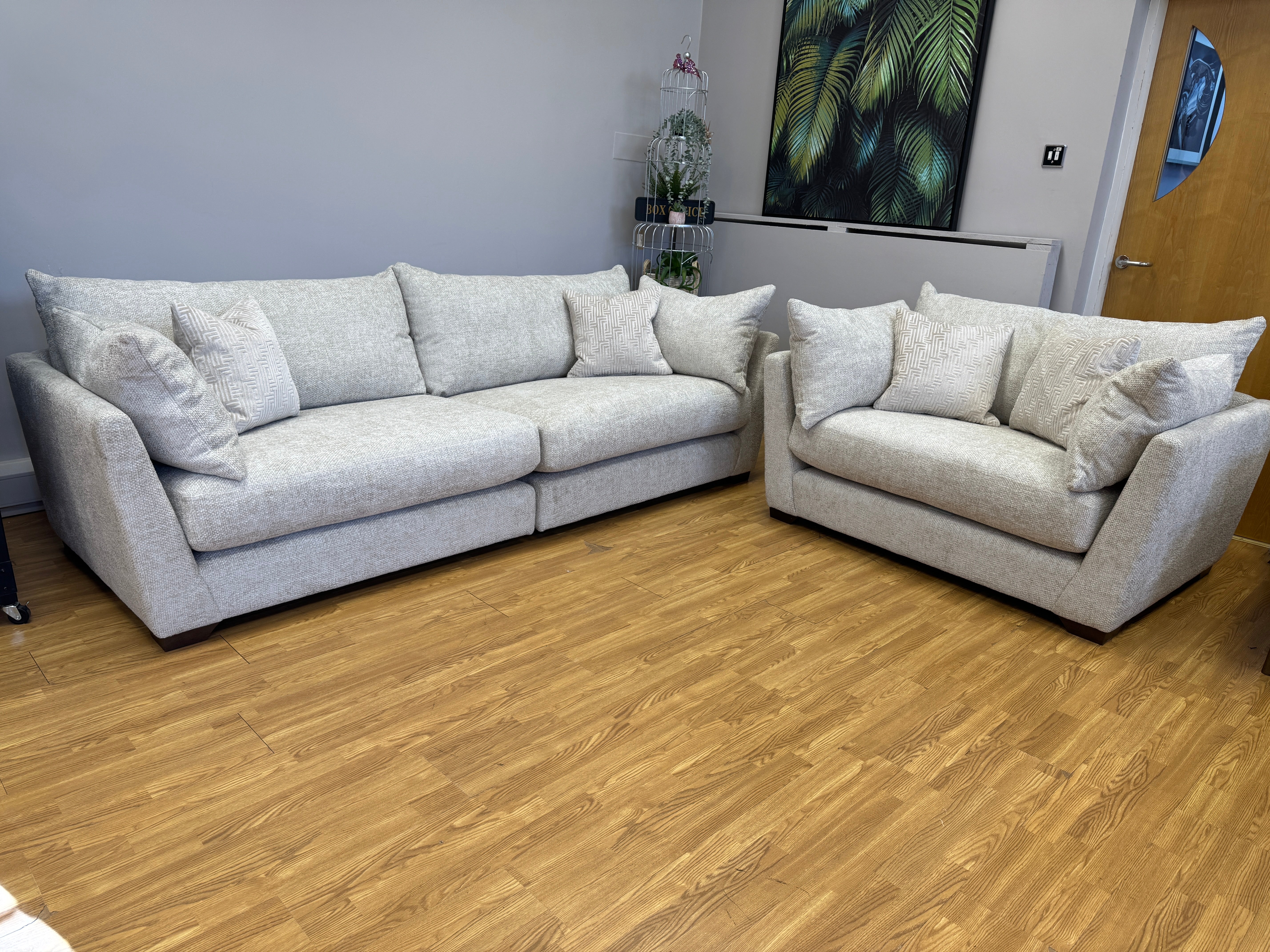 Sofology Tallulah loveseat in basketweave cream all over chenille weave fabric