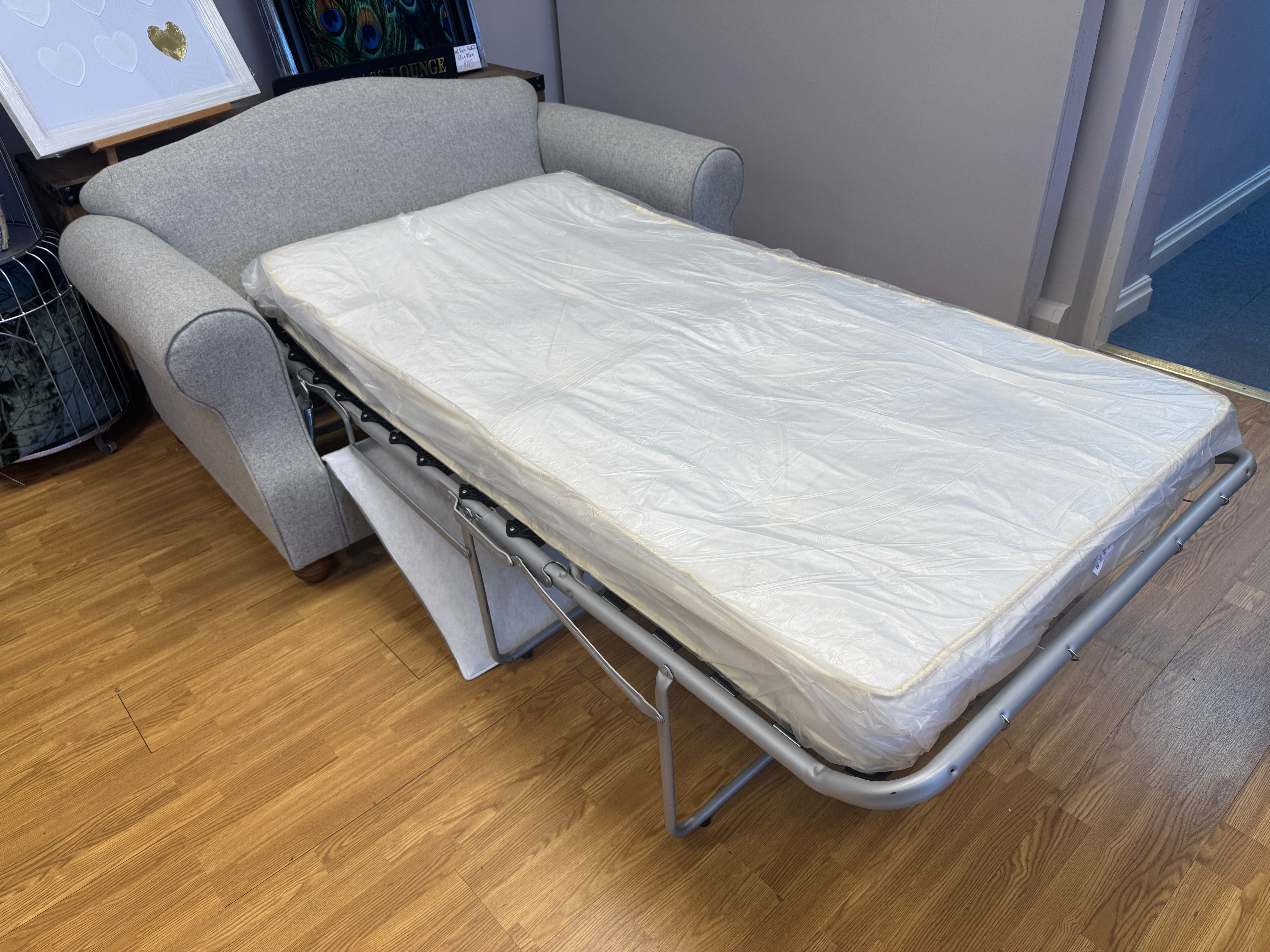 Willow & Hall Lyneham loveseat sofa bed in Parchment light grey wool fabric