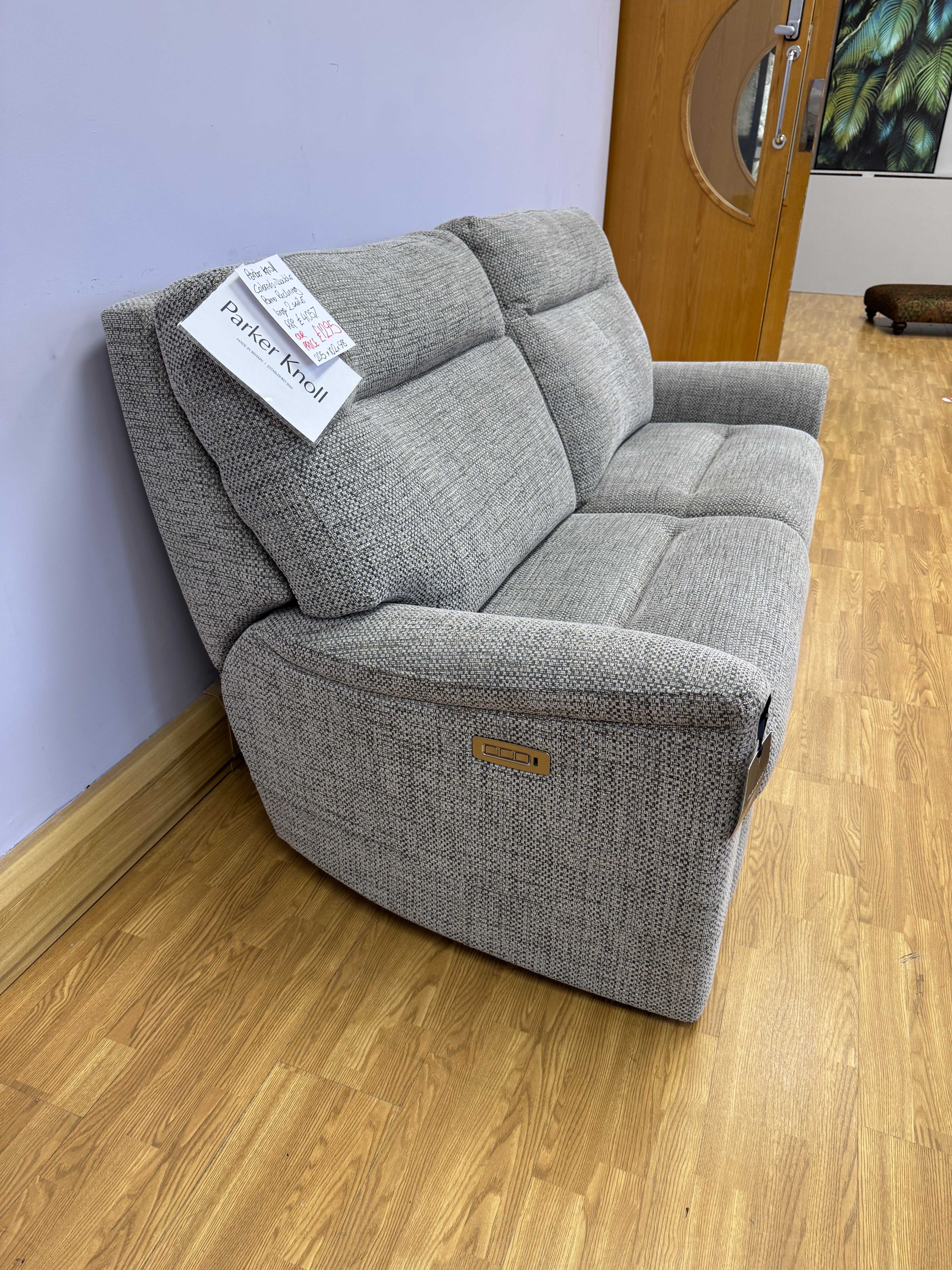 Parker Knoll Colorado split 3 seater electric reclining sofa with lumbar support in mid grey mix weave fabric