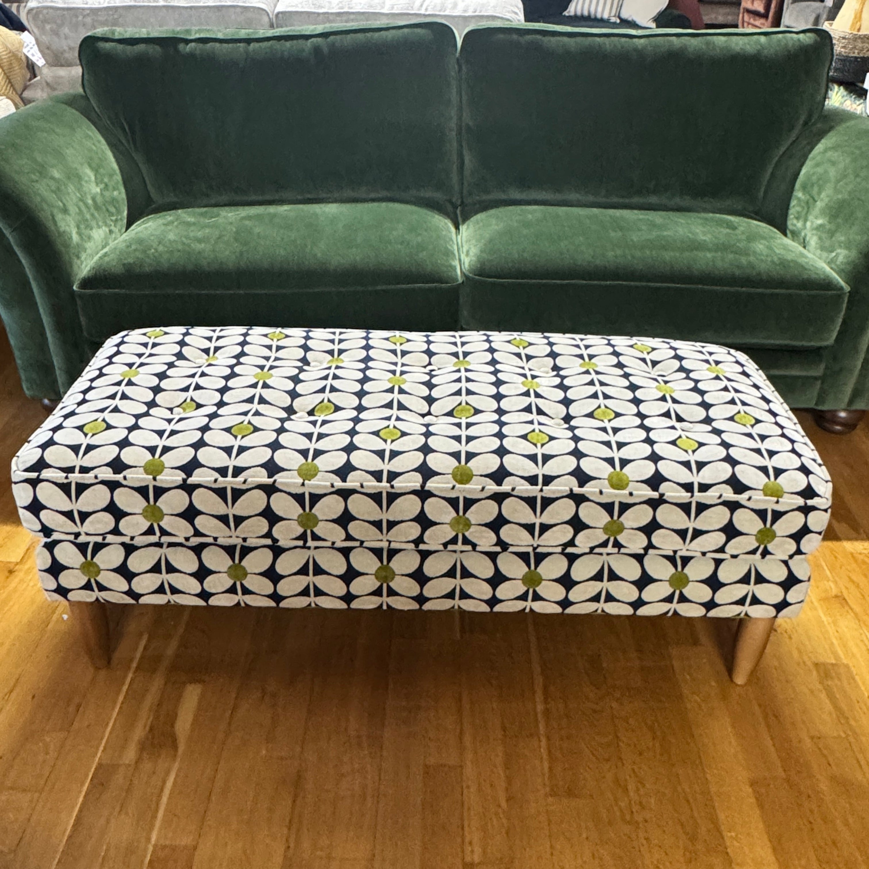 Ebben large bench style footstool in Sixties Stem print Dusk fabric