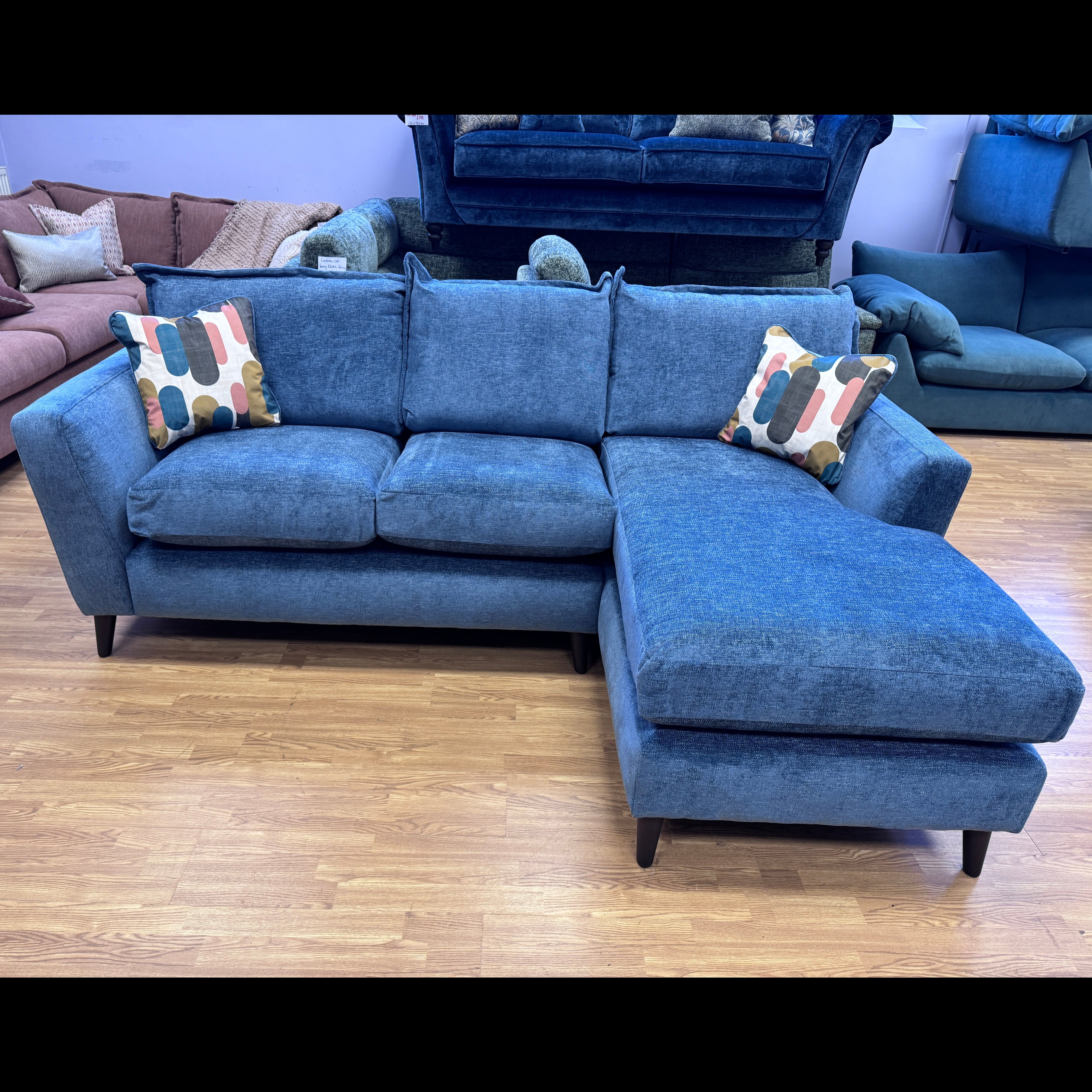 Sofia 3 seater right facing chaise end sofa in Marlon Atlantic blue. fabric