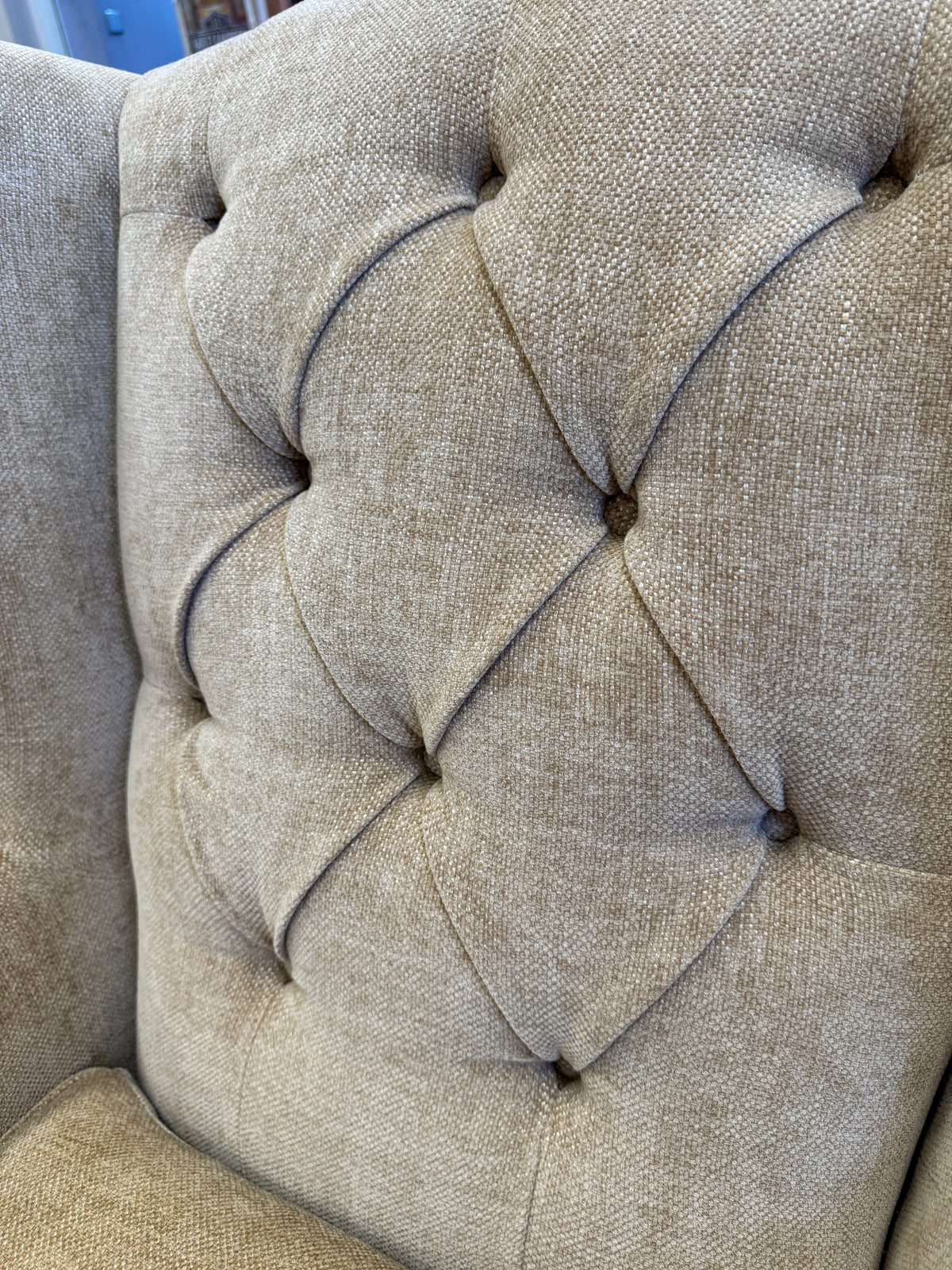 Heather high button back winged armchair in Marni Toffee chenille