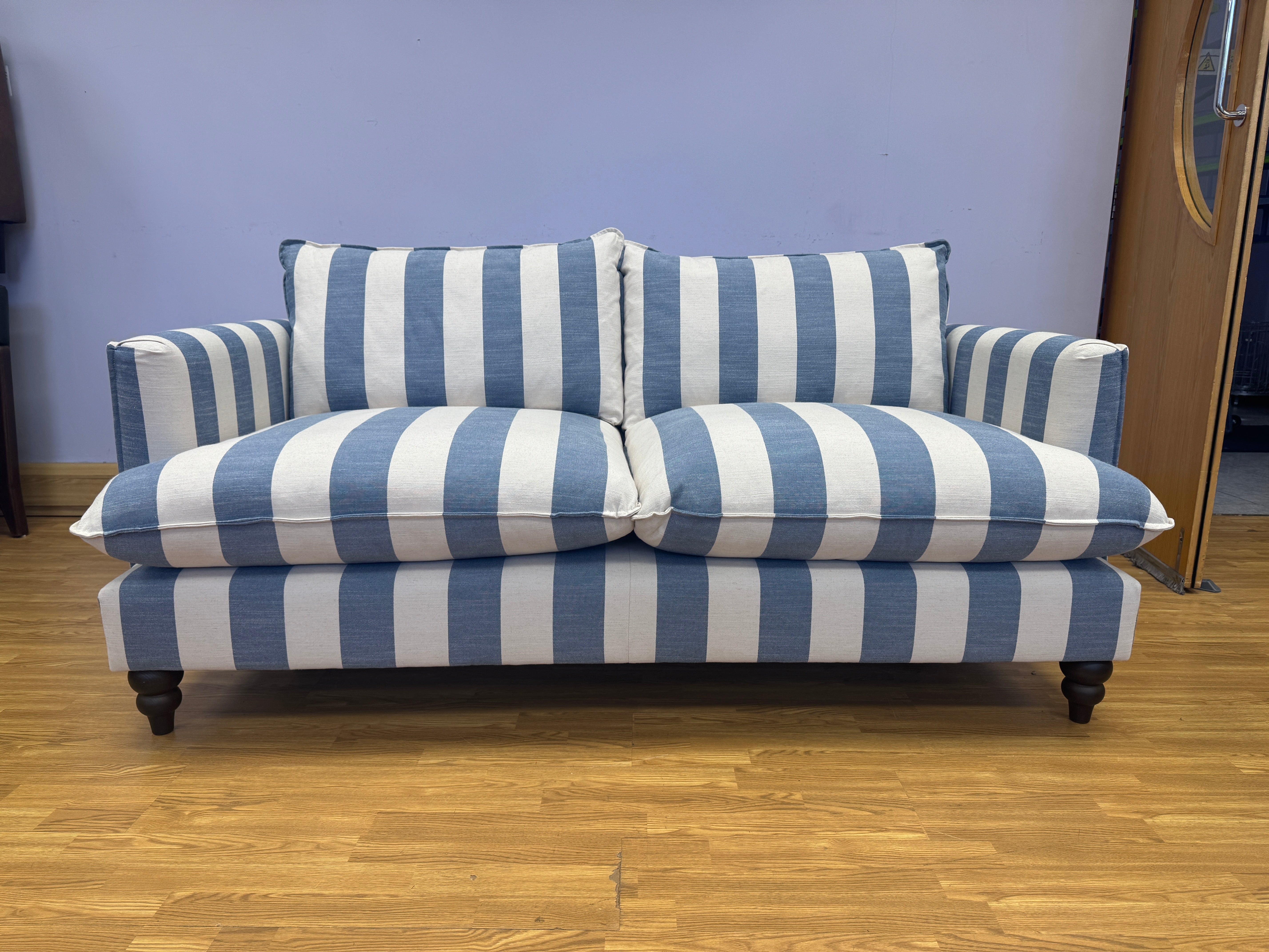 Cocobella 3 seater sofa & matching footstool in denim blue & white stripe fabric