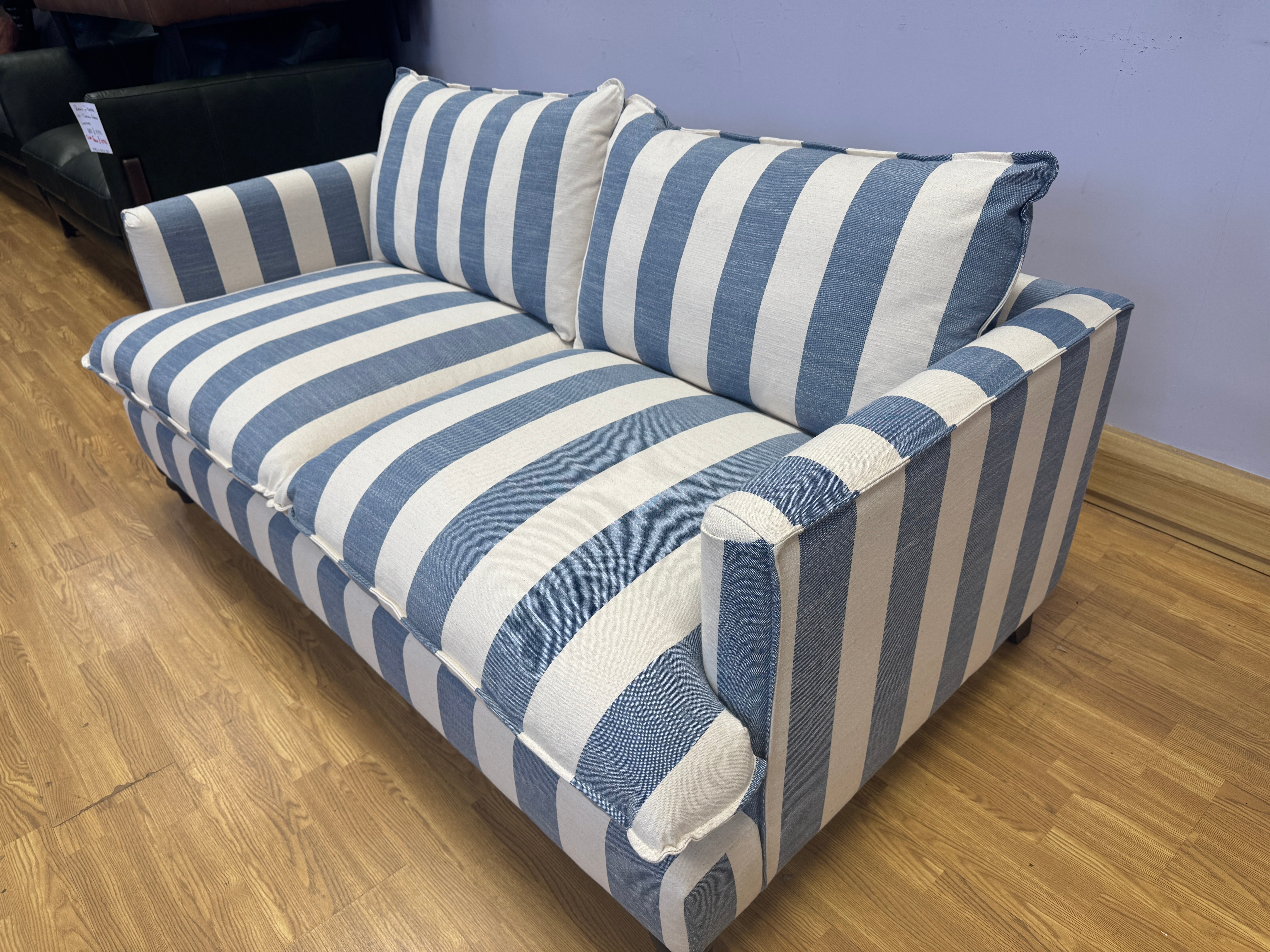 Cocobella 3 seater sofa & matching footstool in denim blue & white stripe fabric