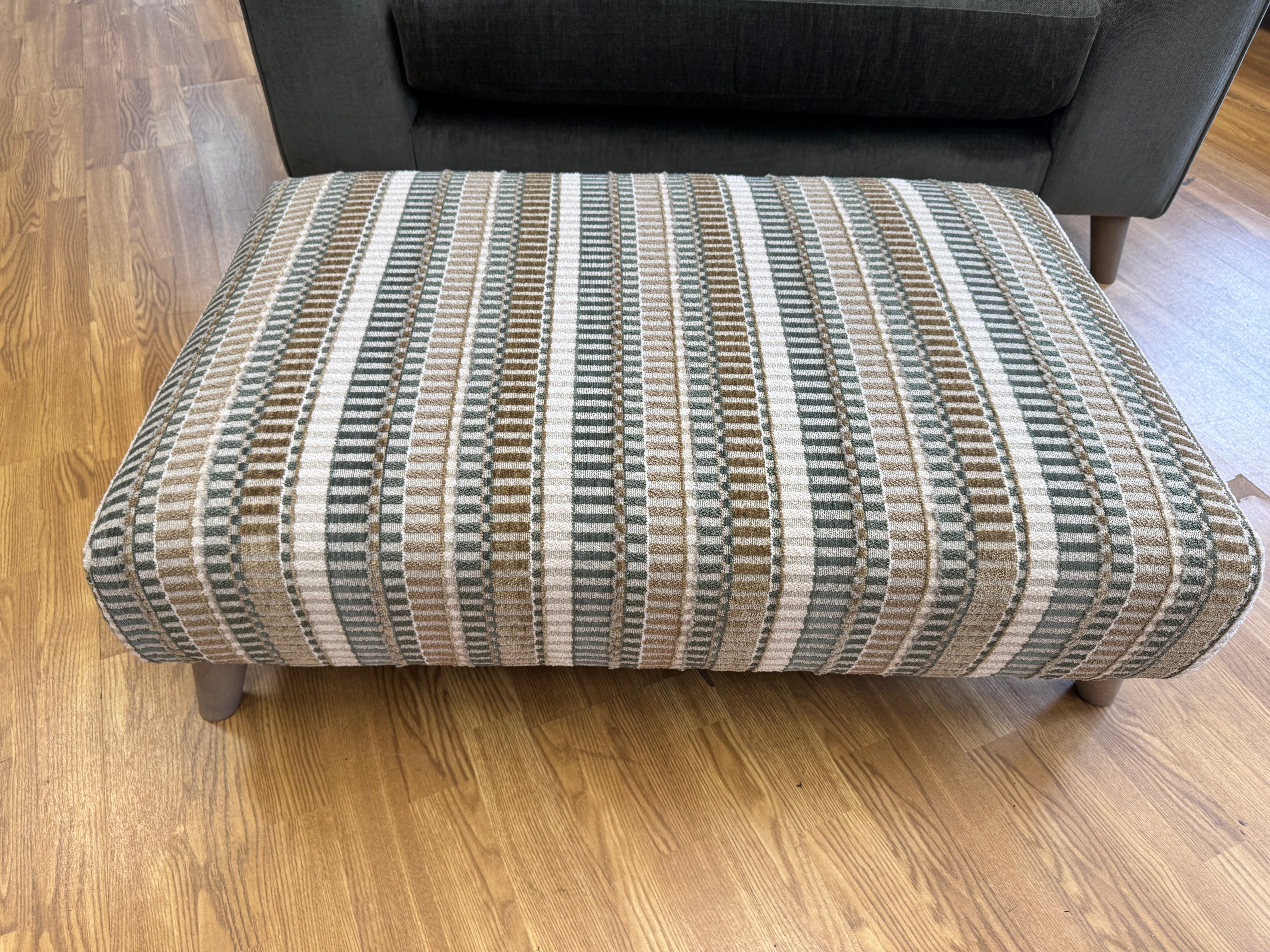 Tovi Footstool in striped mix fabric with matching pair of side cushions
