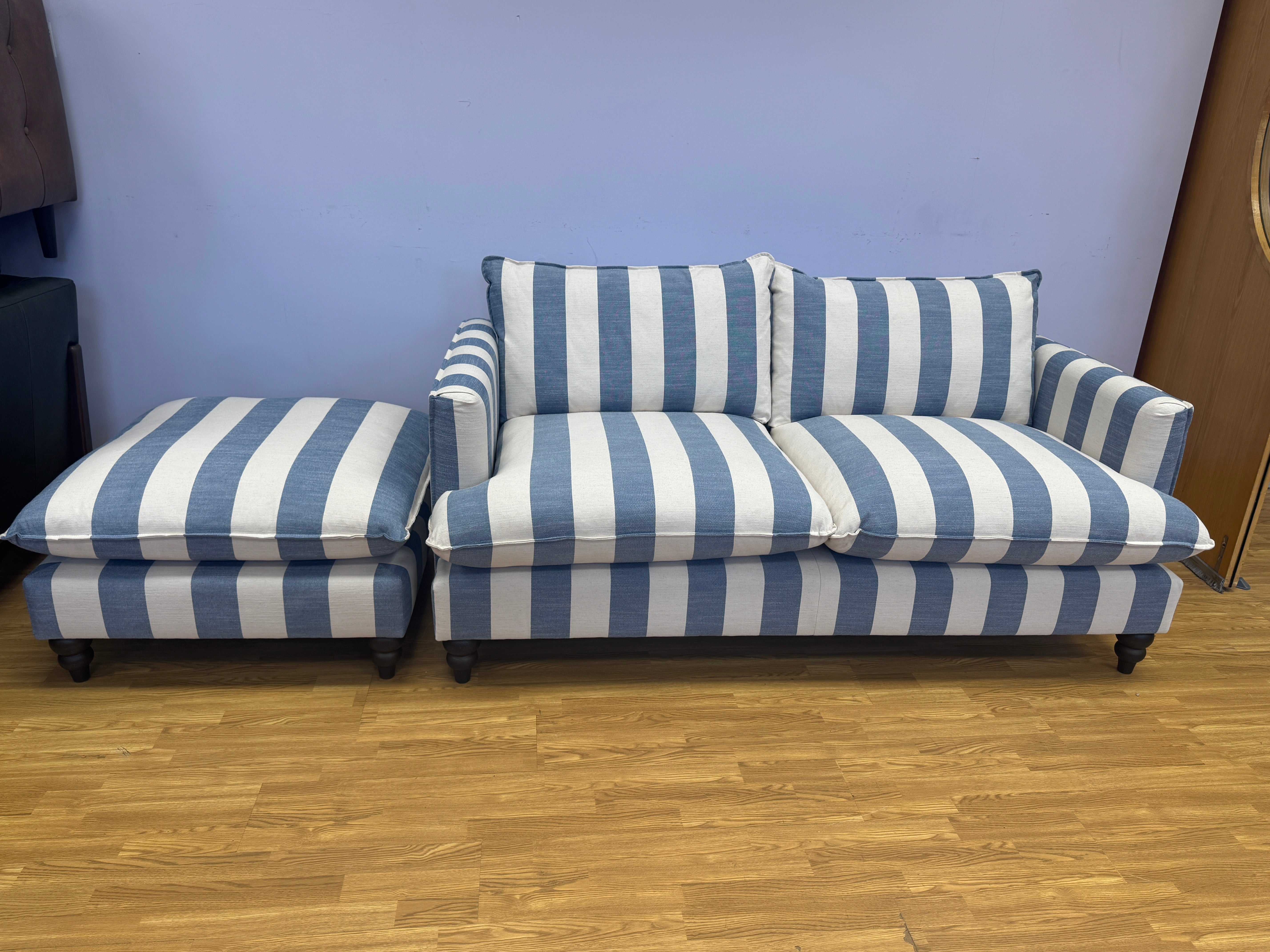 Cocobella 3 seater sofa & matching footstool in denim blue & white stripe fabric