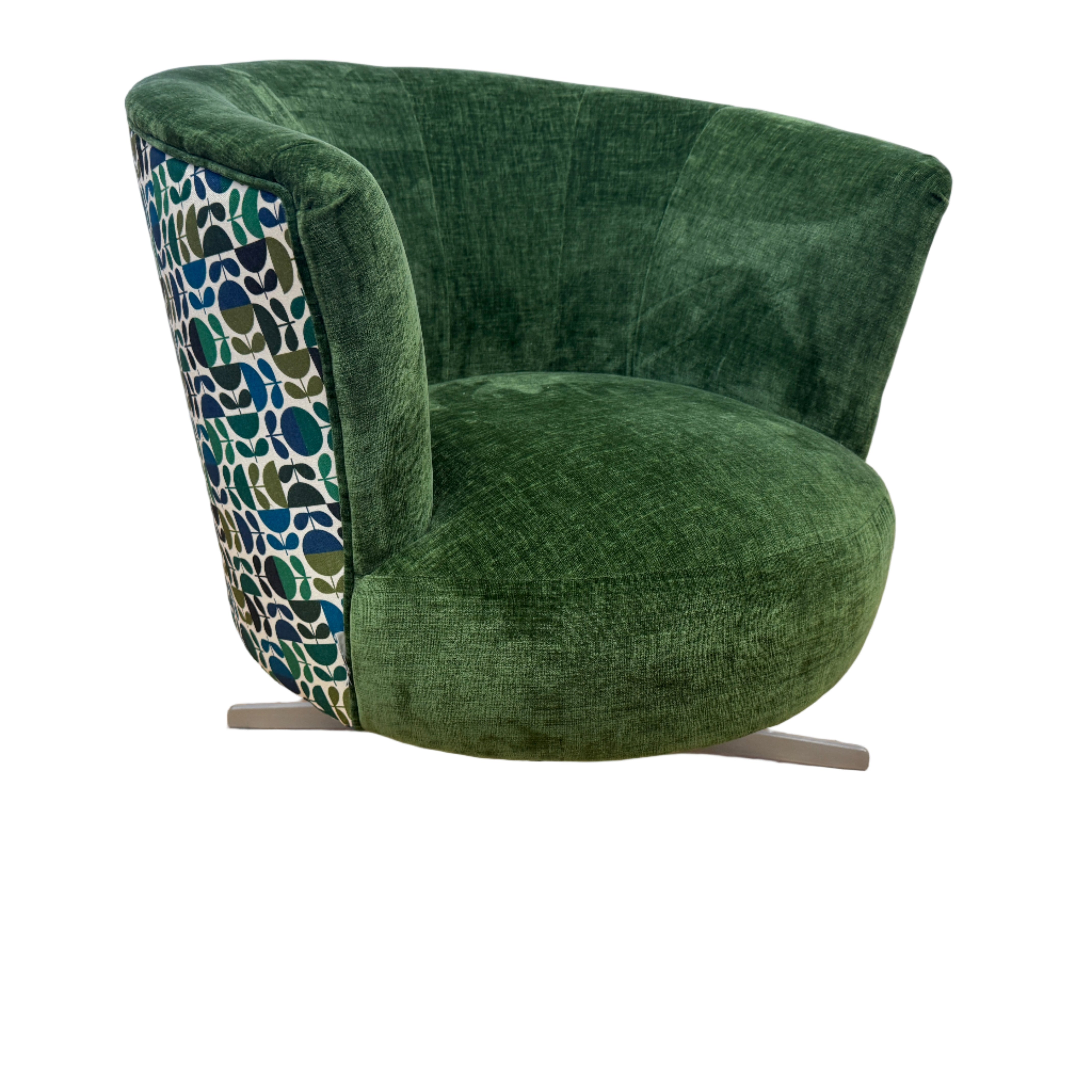 Orla Kiely Lily swivel base chair in Evergreen velvet with Jigsaw emerald navy back