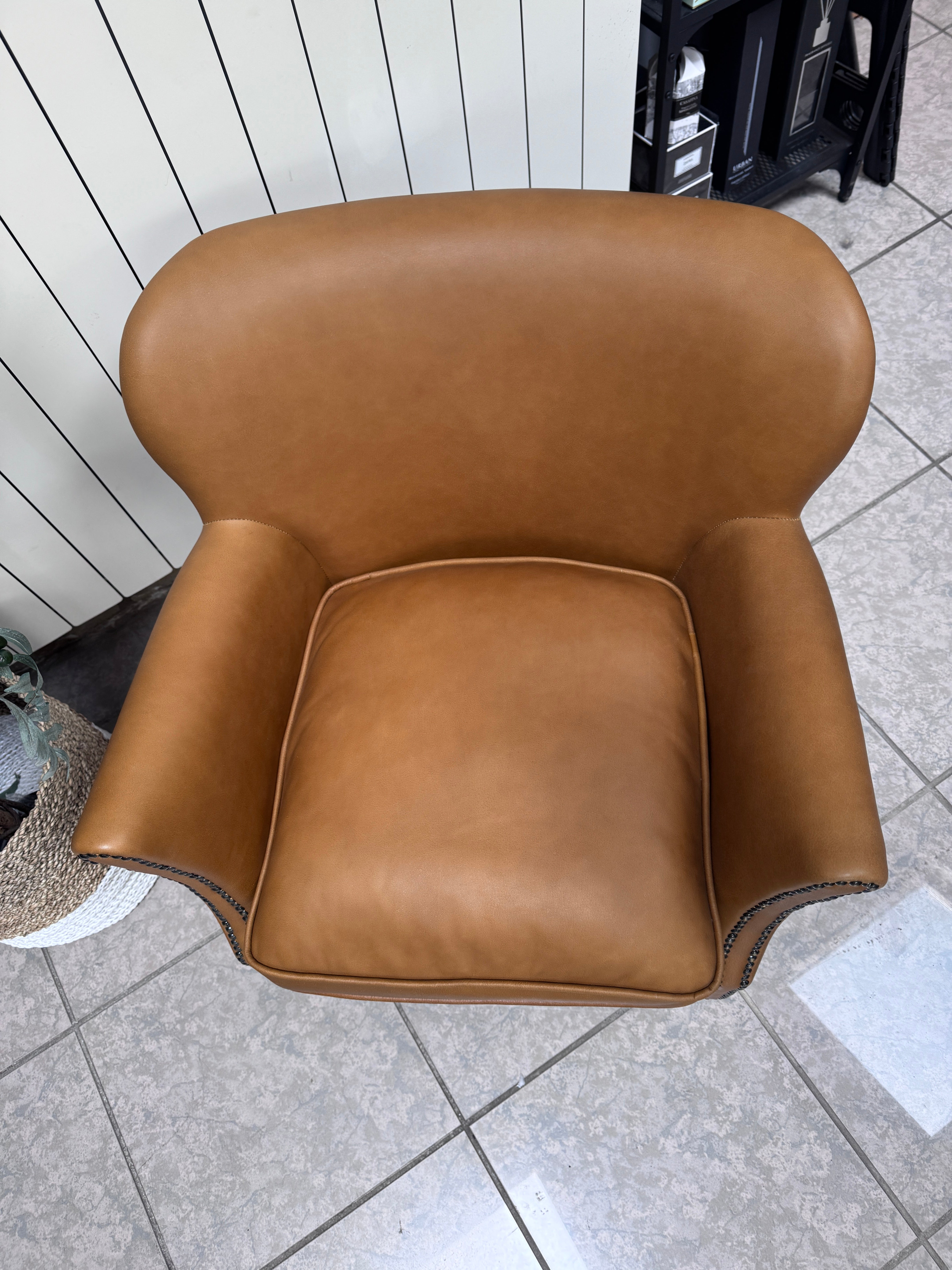 Adam accent chair in Tan brown leather with Natural linen reversible seat pad