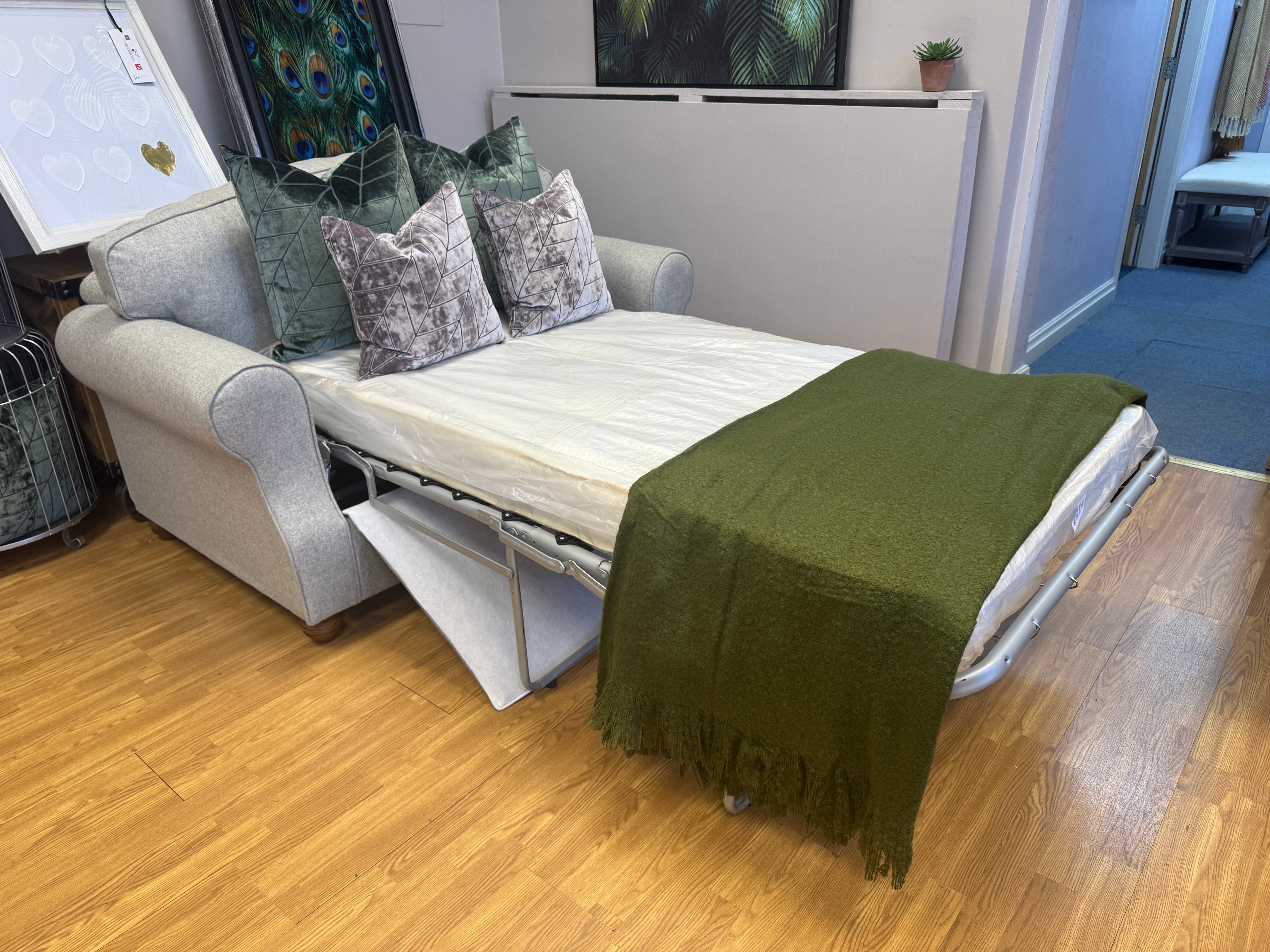 Willow & Hall Lyneham loveseat sofa bed in Parchment light grey wool fabric