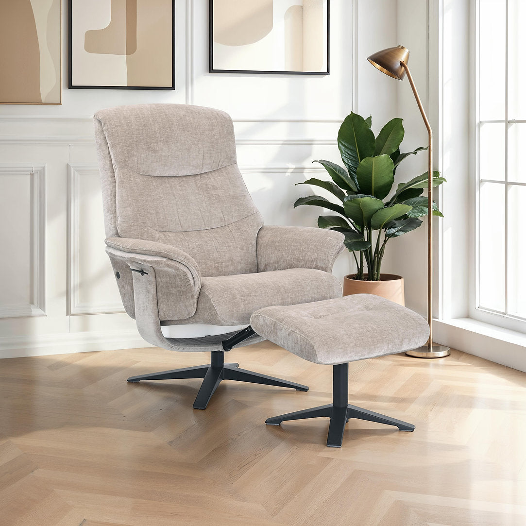 Hudson swivel manual reclining accent chair & matching footstool in plush fabric