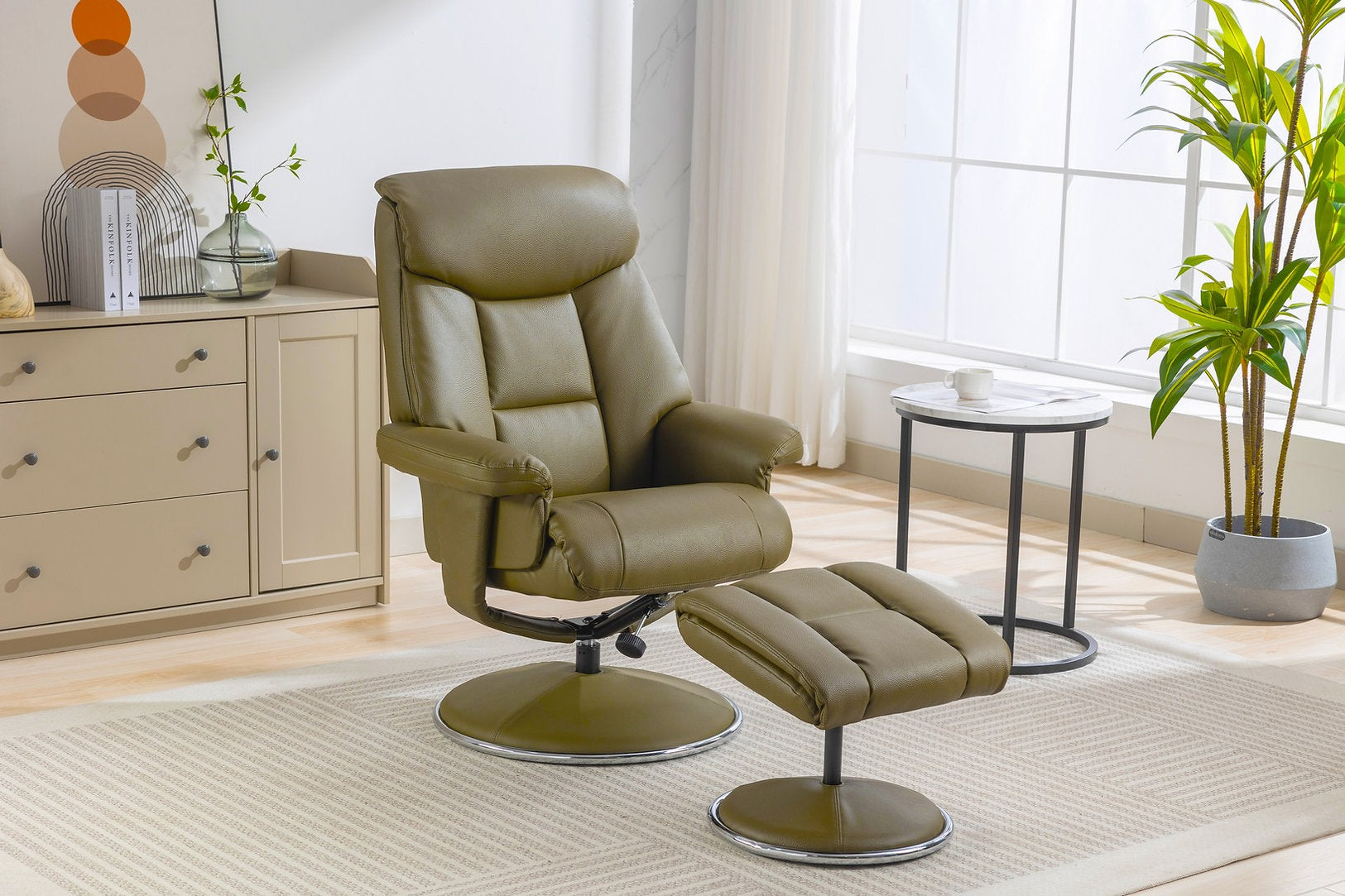 Biarritz swivel manual reclining accent chair & matching footstool in Plush Faux leather