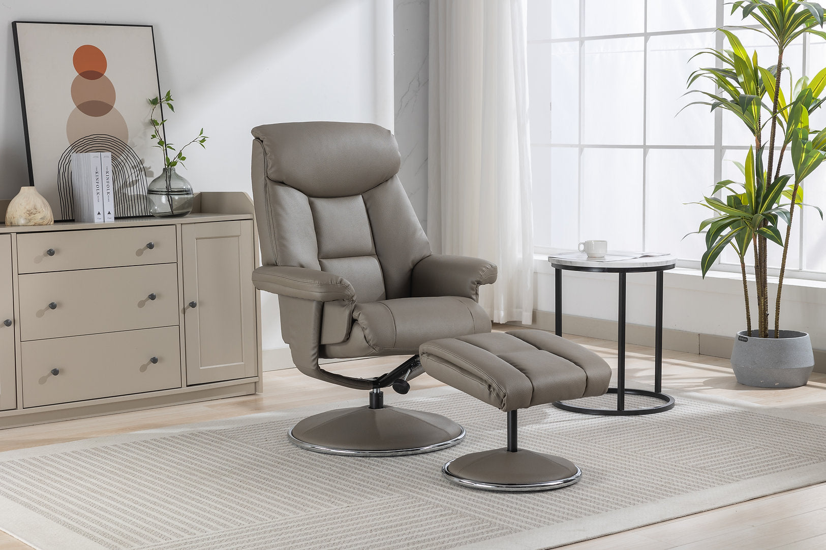 Biarritz swivel manual reclining accent chair & matching footstool in Plush Faux leather