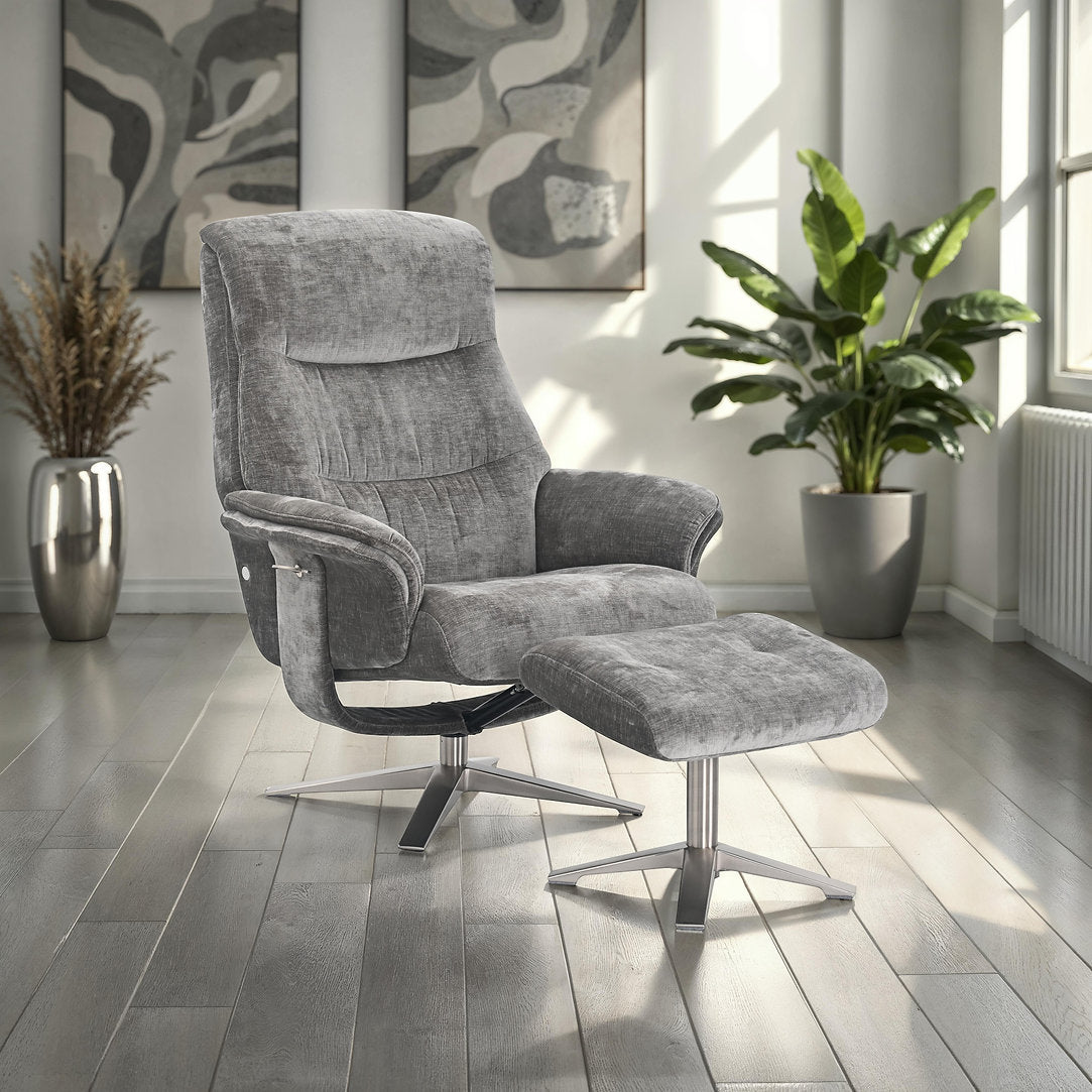 Hudson swivel manual reclining accent chair & matching footstool in plush fabric
