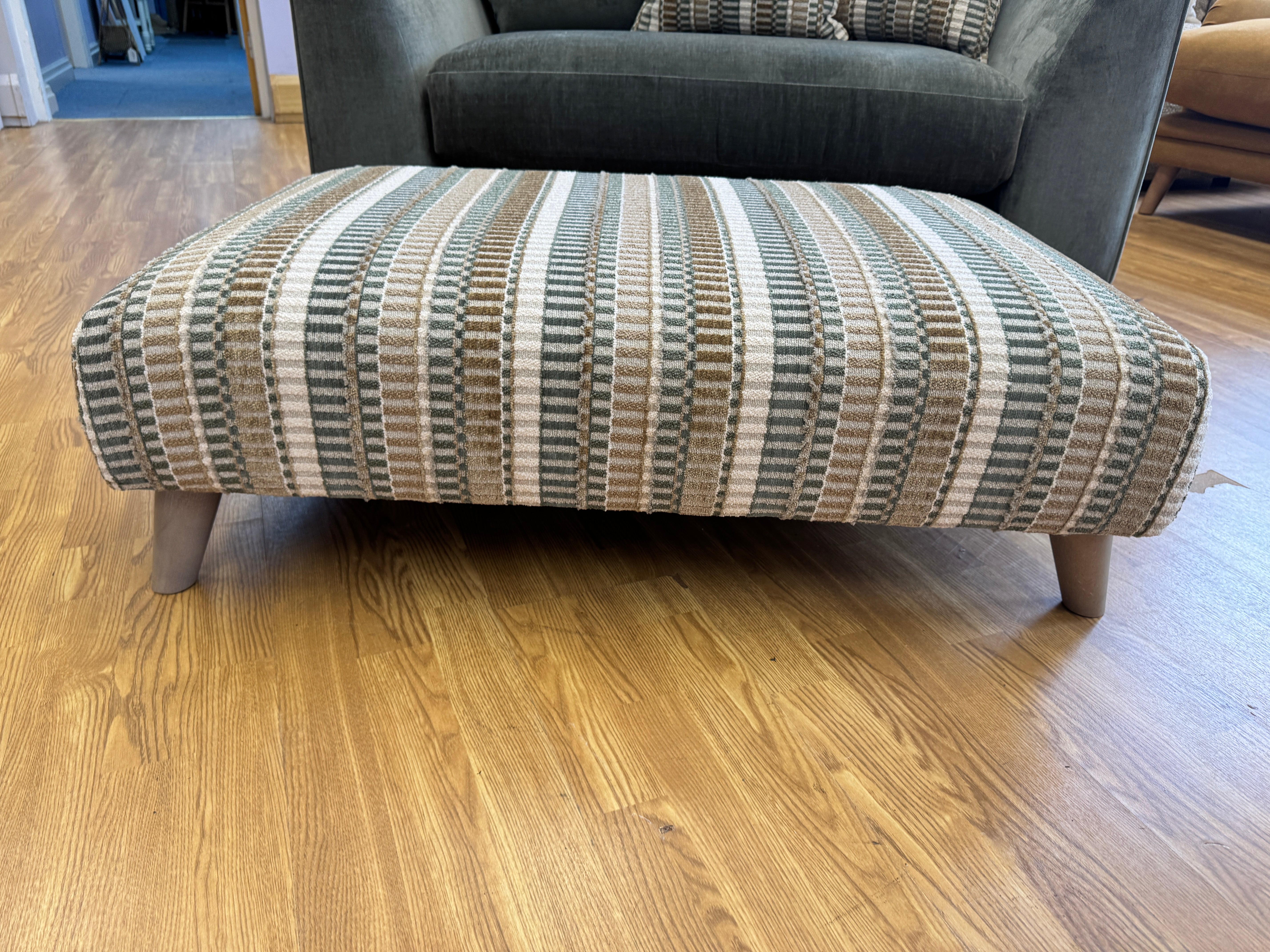Tovi Footstool in striped mix fabric with matching pair of side cushions