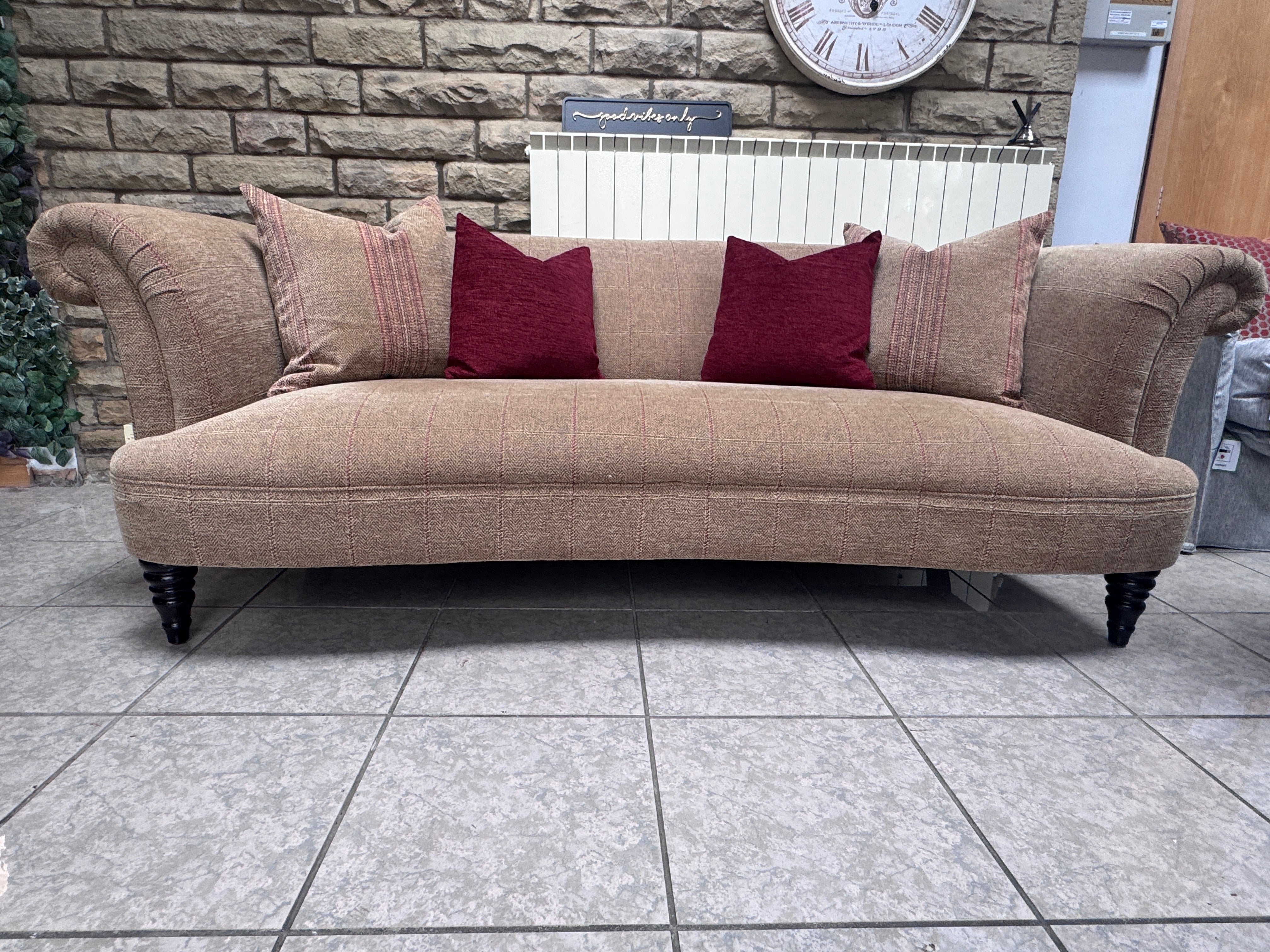 Isabelle large 3 seater scroll back sprung seat sofa in Montauk Gold fabric