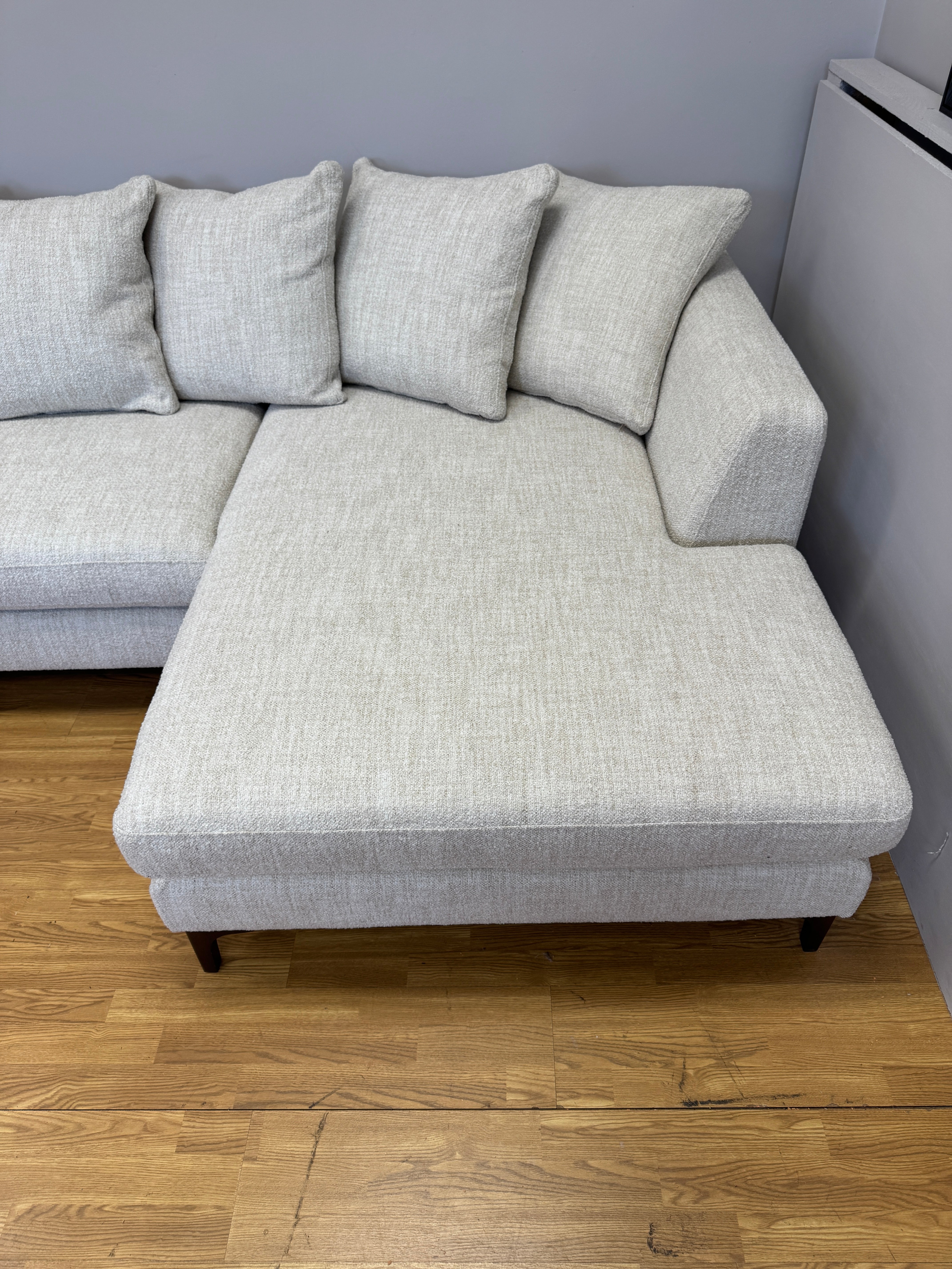 Mateo XL right facing 2 piece cushion back chaise sofa in boucle weave natural fabric