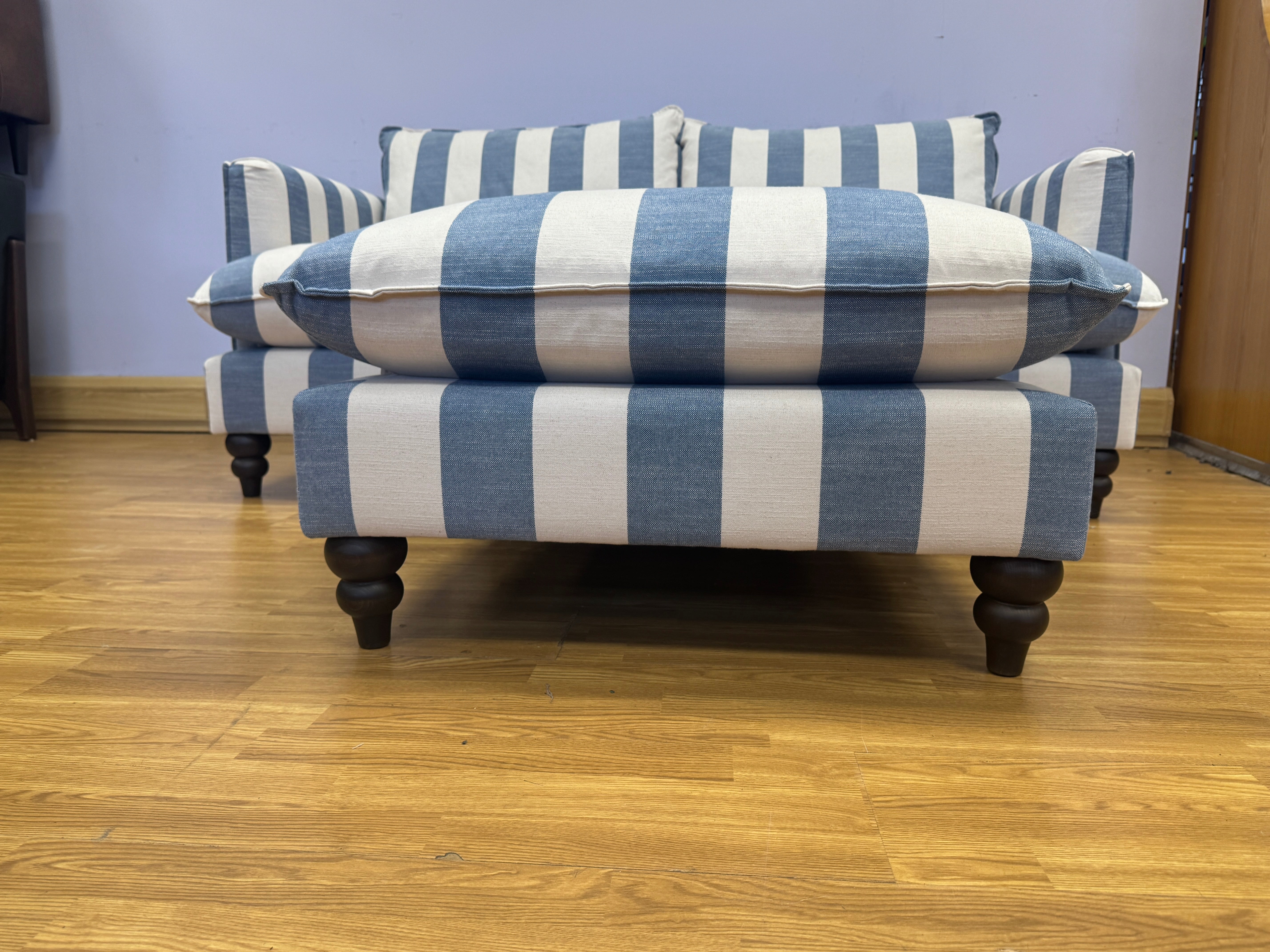 Cocobella 3 seater sofa & matching footstool in denim blue & white stripe fabric