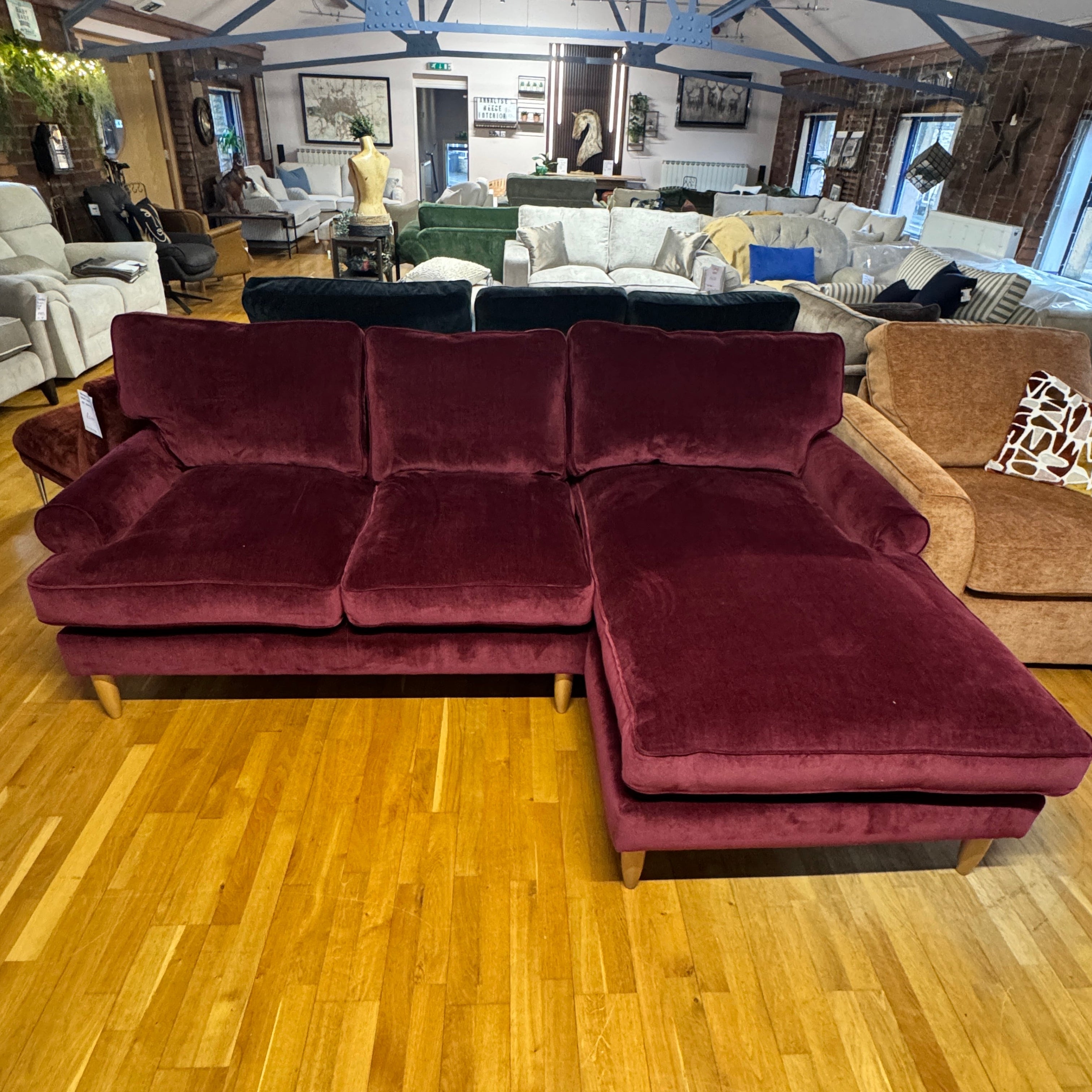Finchley right facing 2 piece chaise sofa in Mulberry red chenille fabric