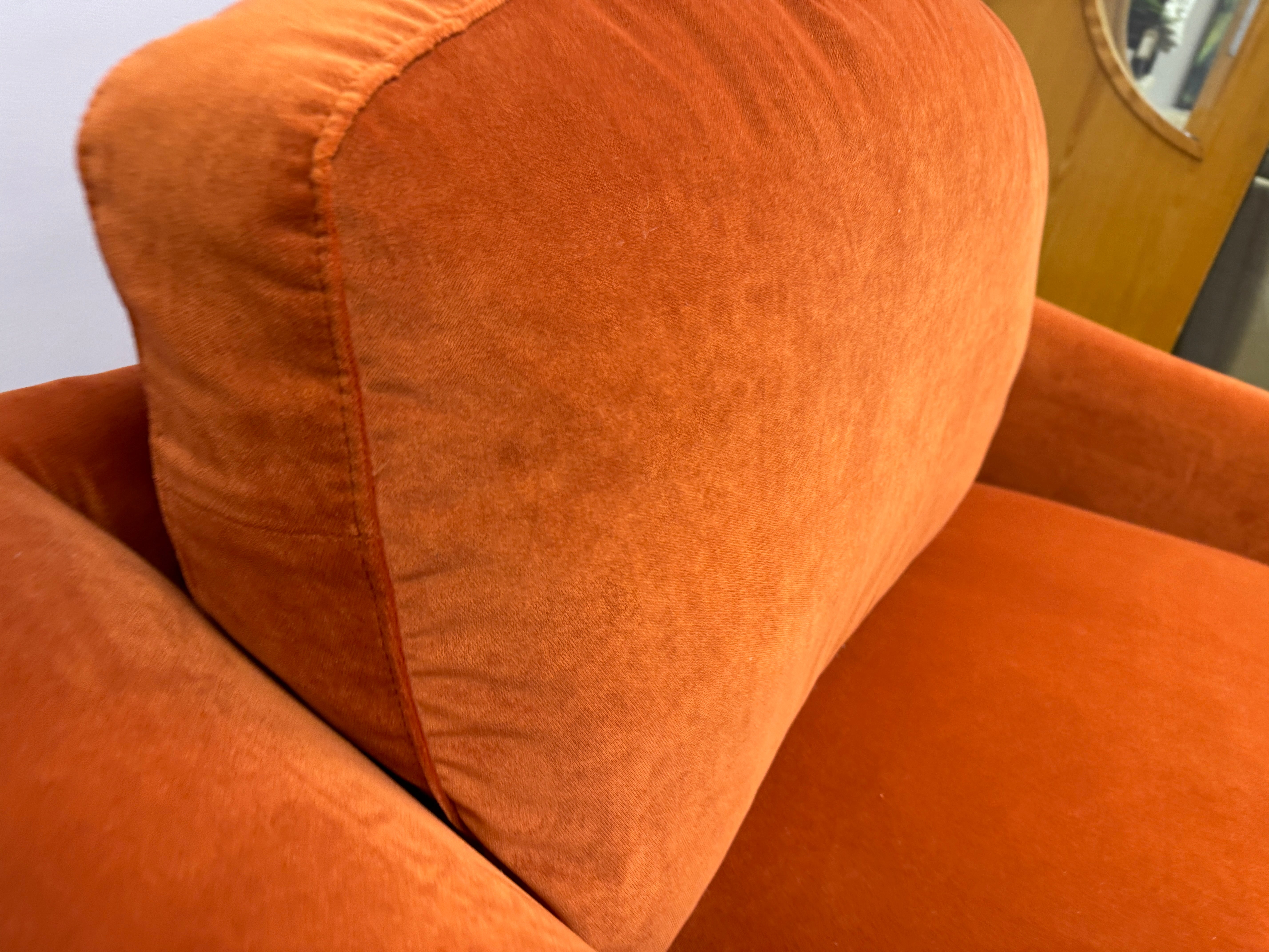 Oskar large loveseat in plush Marmalade orange velvet fabric