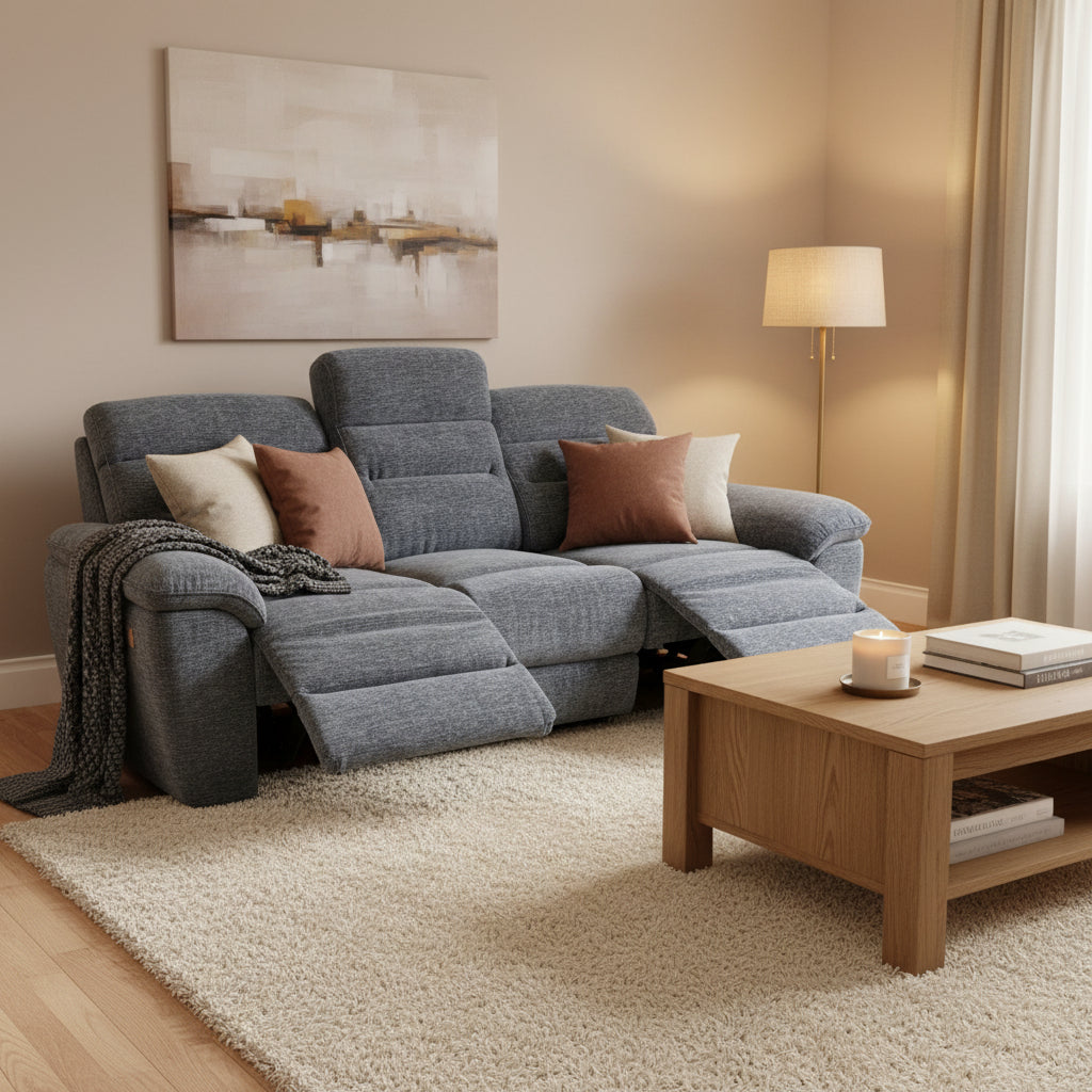 Halo Thaw 3 seater electric reclining sofa in Steel Grey Rustic Velvet