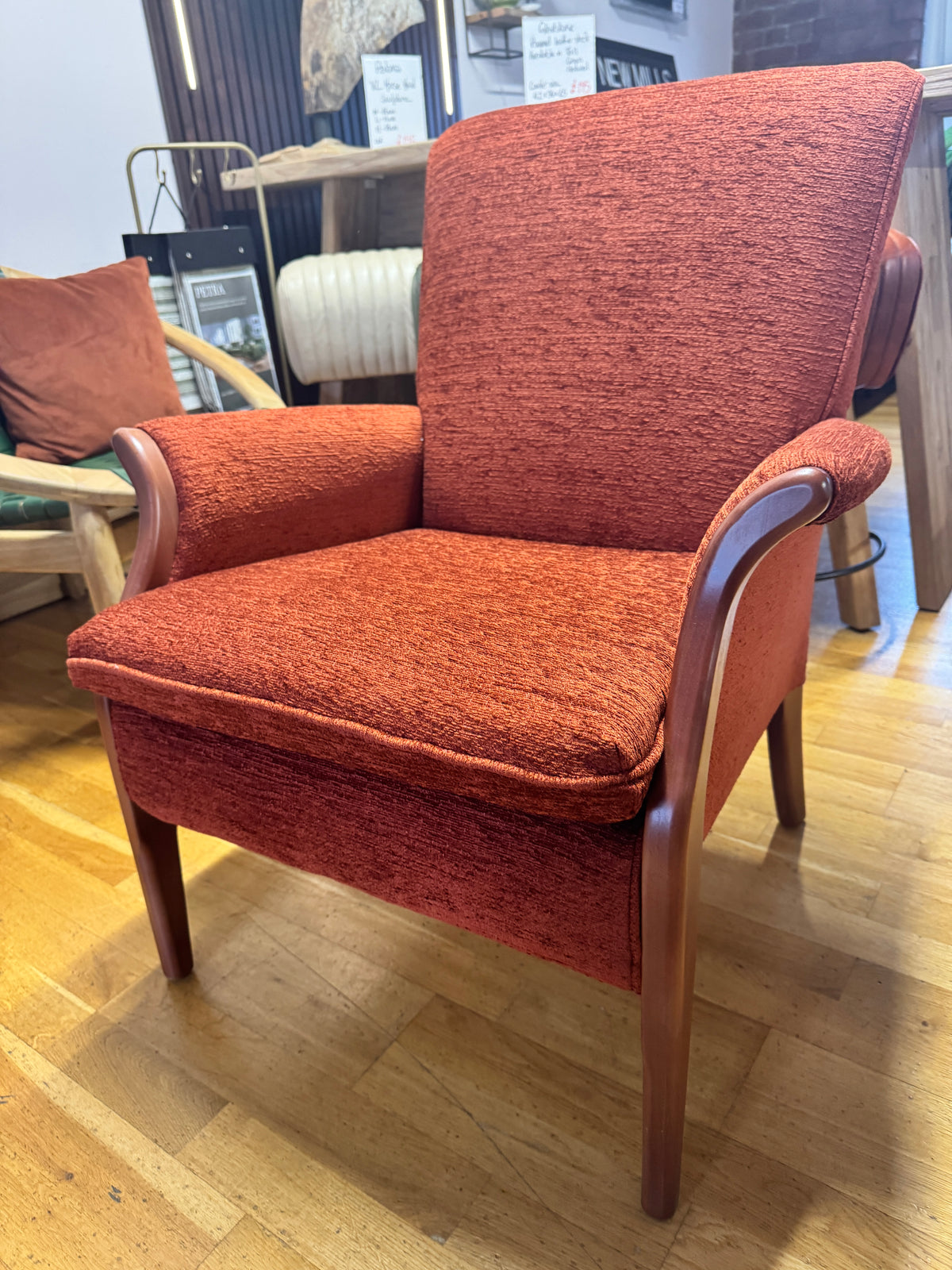 Froxfield petite fireside chair in boucle terracotta fabric