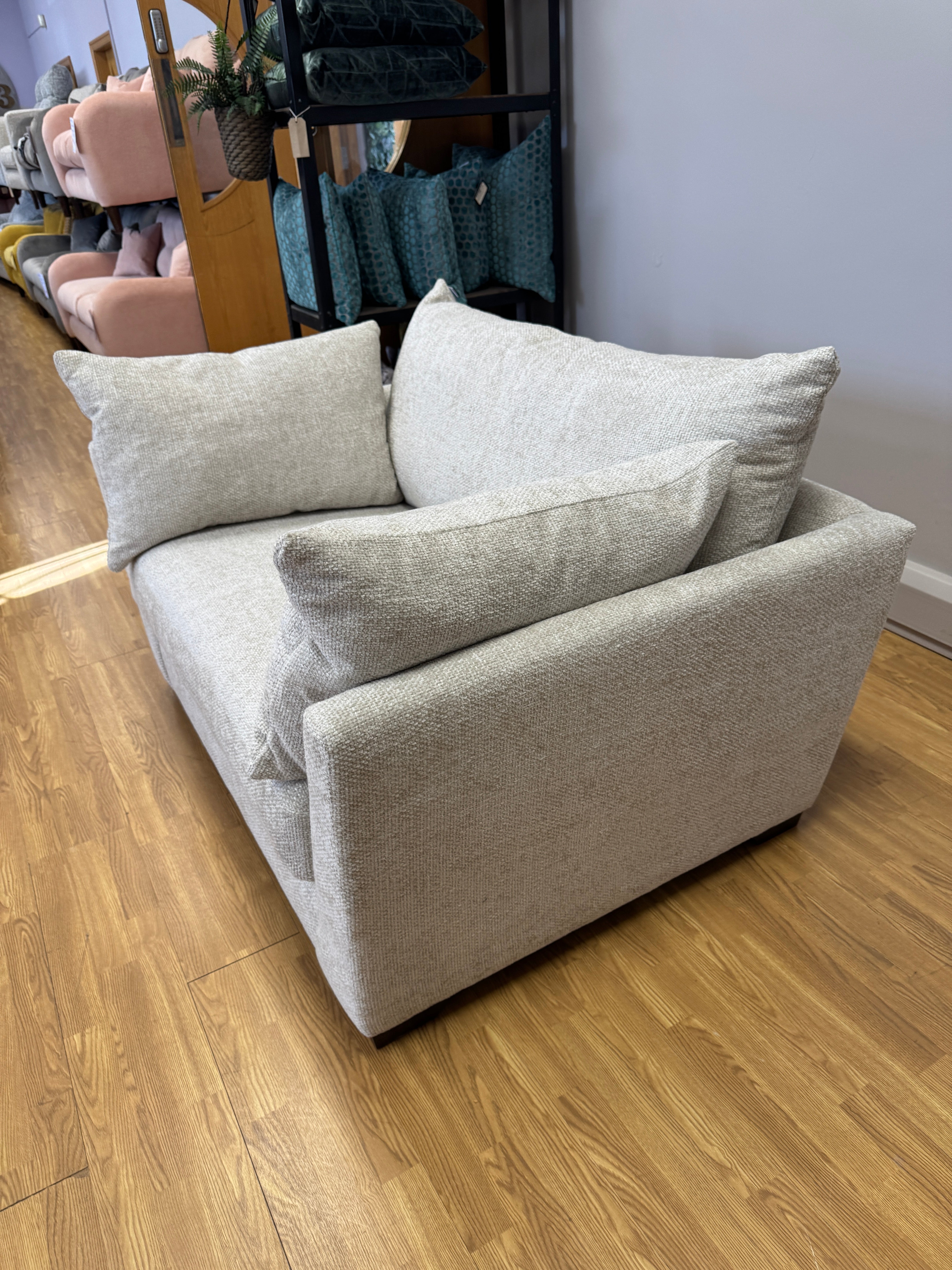 Sofology Tallulah loveseat in basketweave cream all over chenille weave fabric