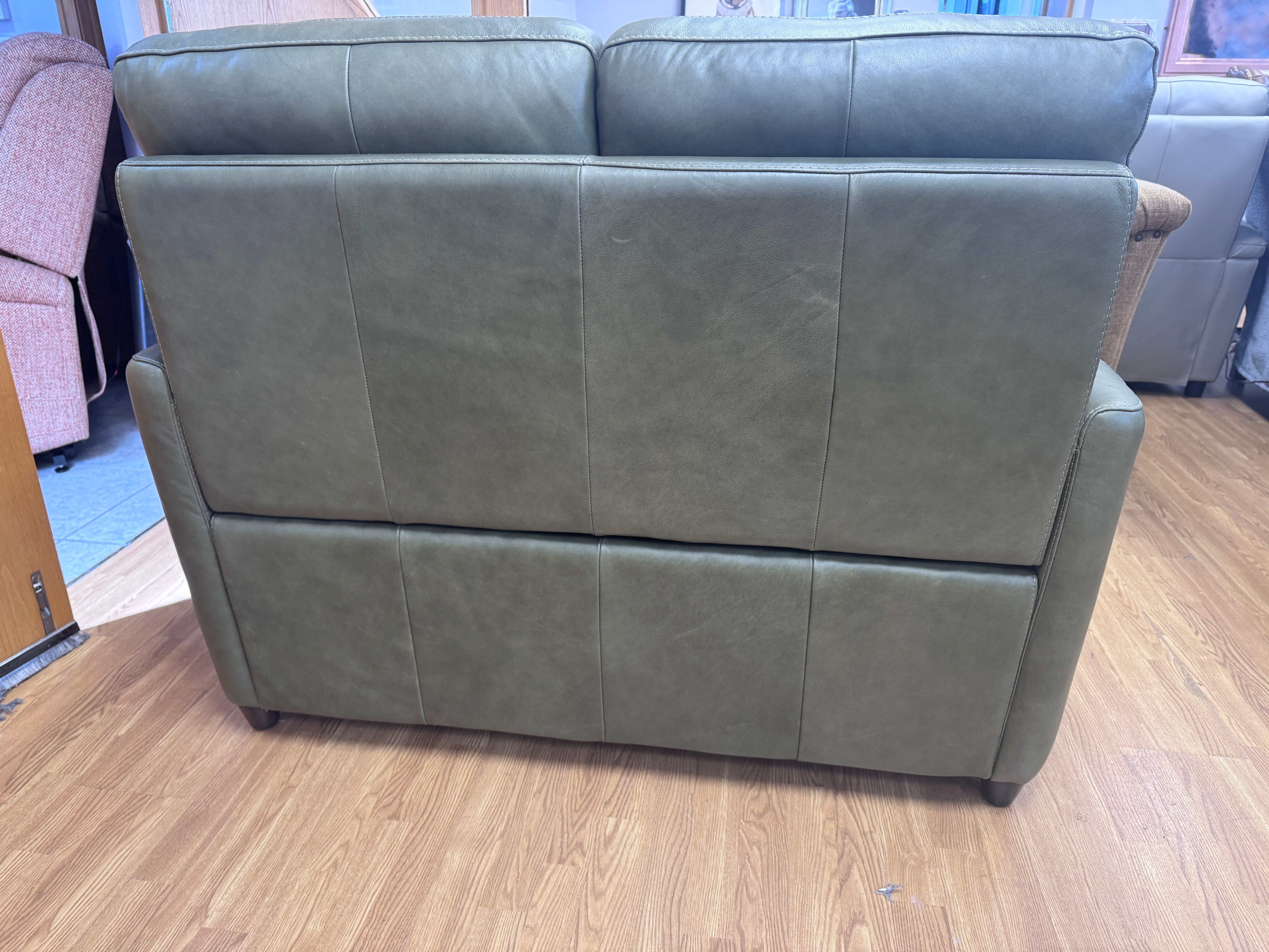 Compact Contempo petite 2 seater high back sofa in Olive green leather (pair available)