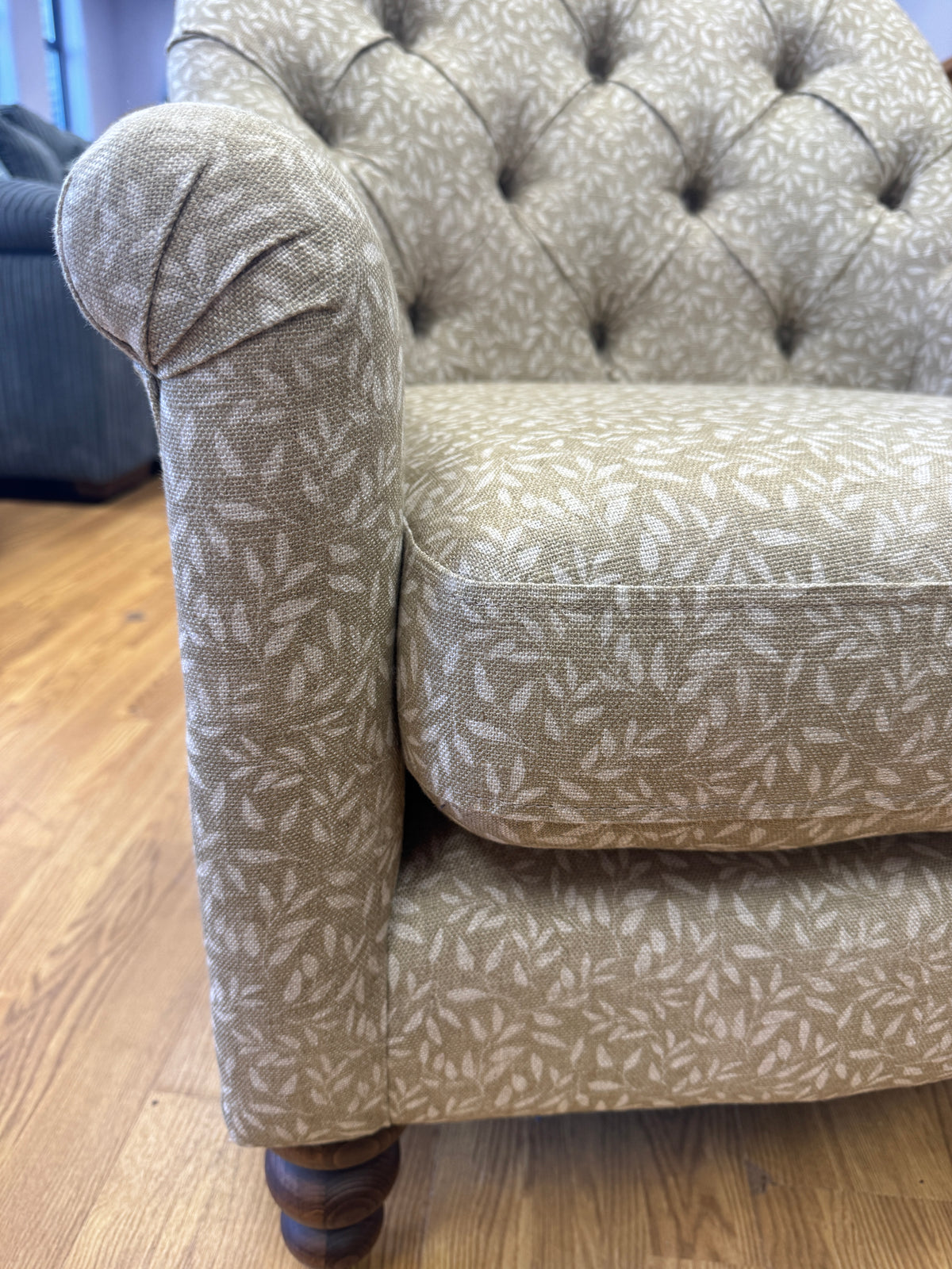 Clover small button back accent chair in Petal stone pattern fabric
