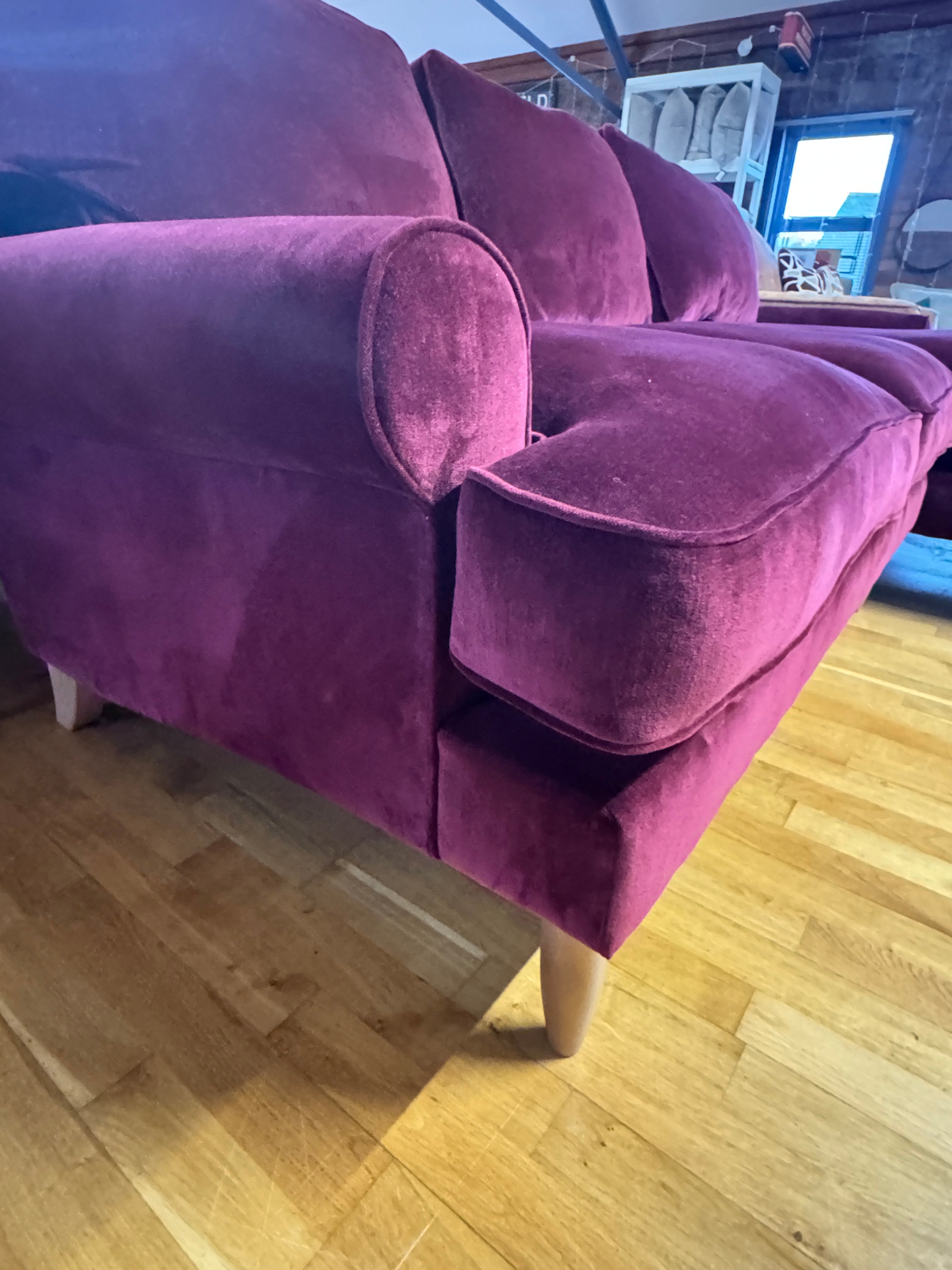 Finchley right facing 2 piece chaise sofa in Mulberry red chenille fabric