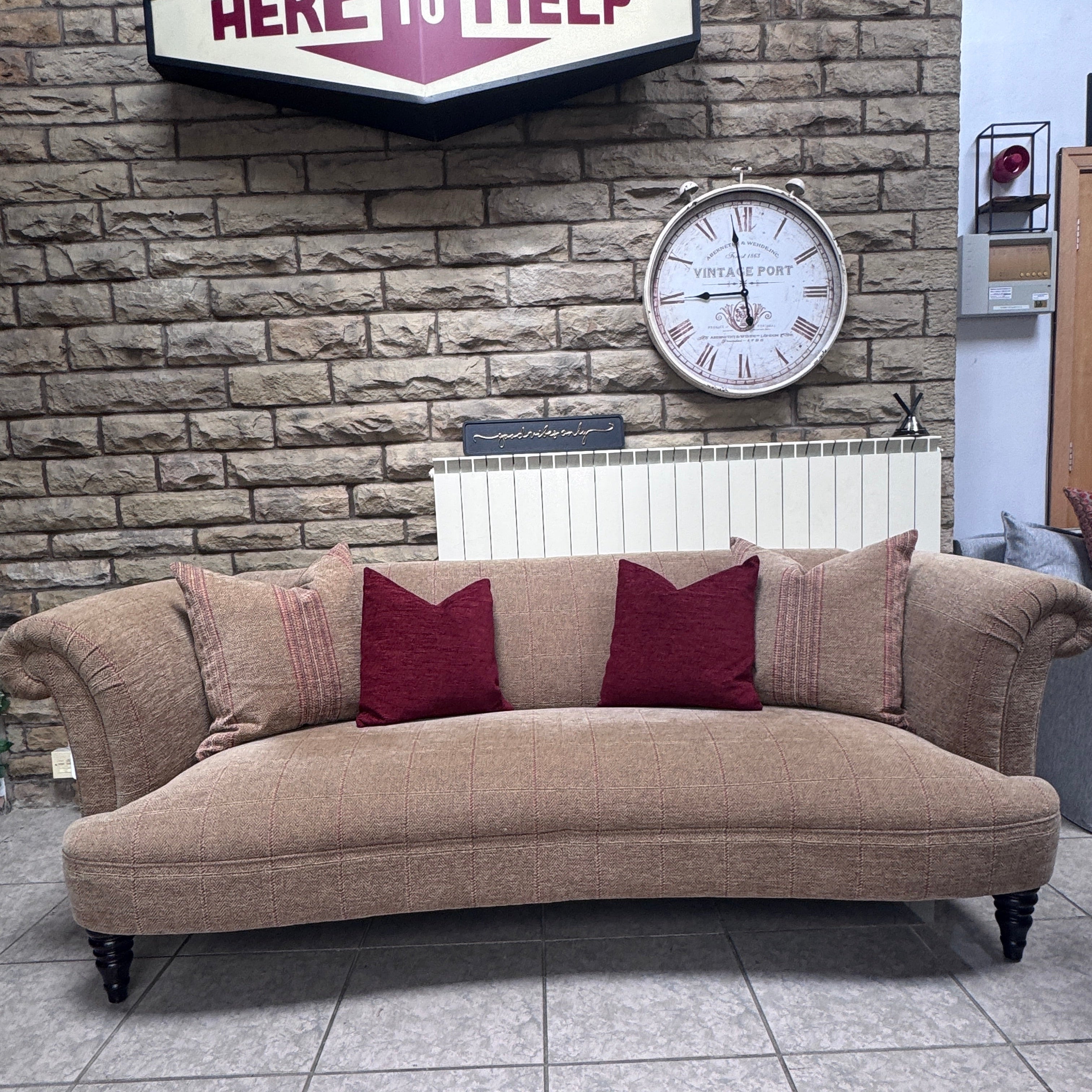 Isabelle large 3 seater scroll back sprung seat sofa in Montauk Gold fabric