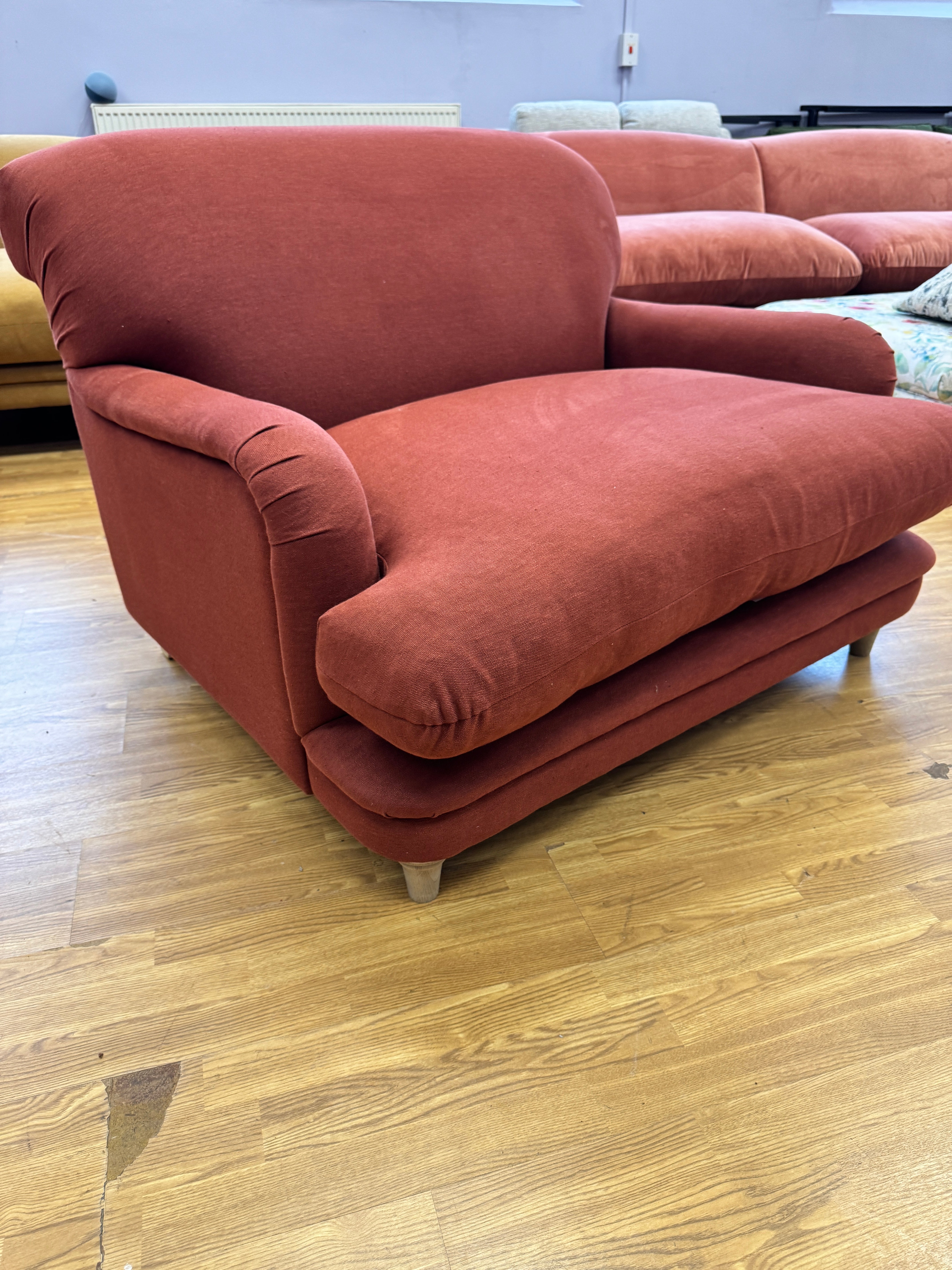 Pudding Loveseat in Quince Jam Red Linen fabric
