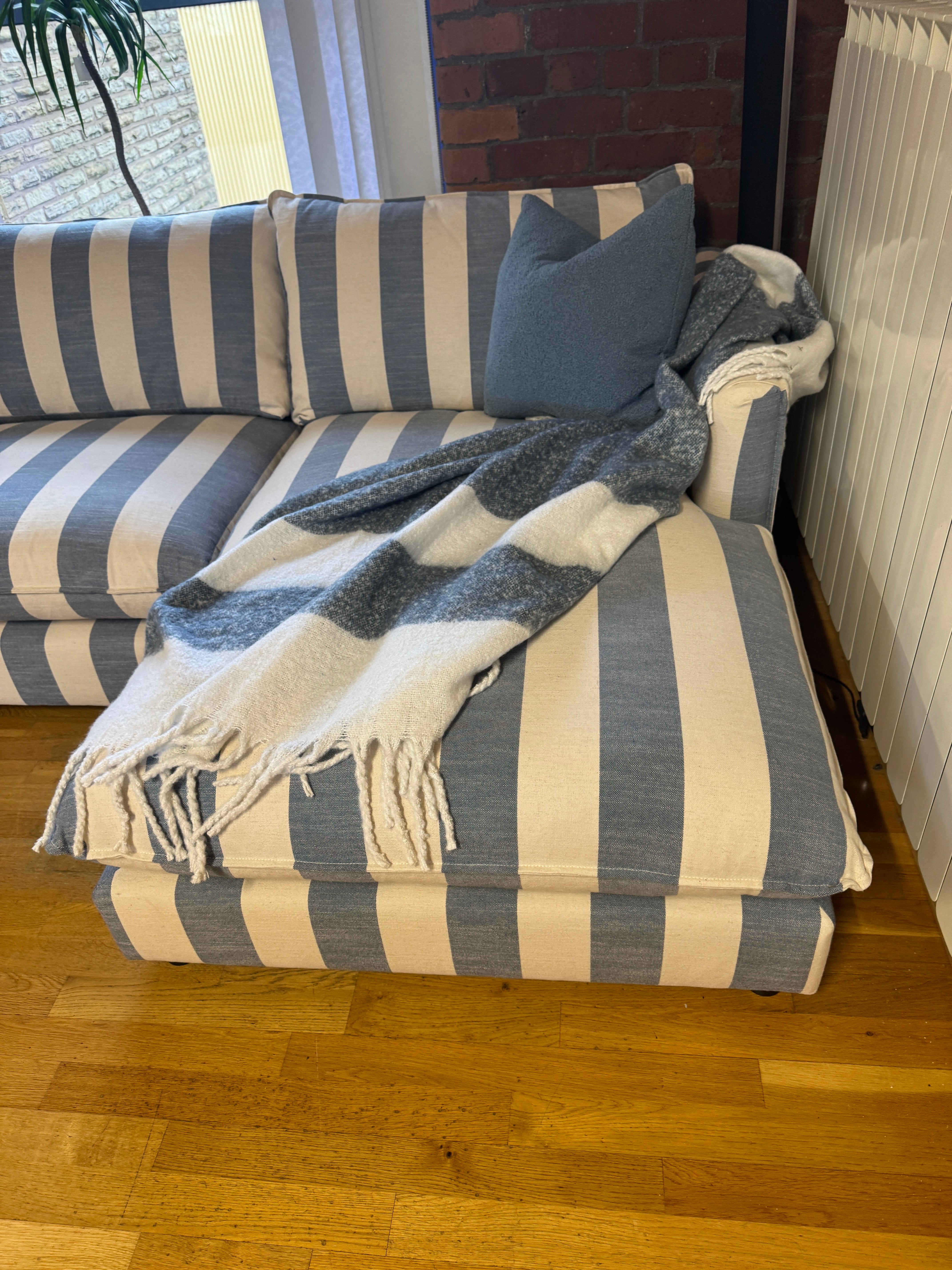 Howard XL Right facing chaise sofa in denim blue & white stripe fabric