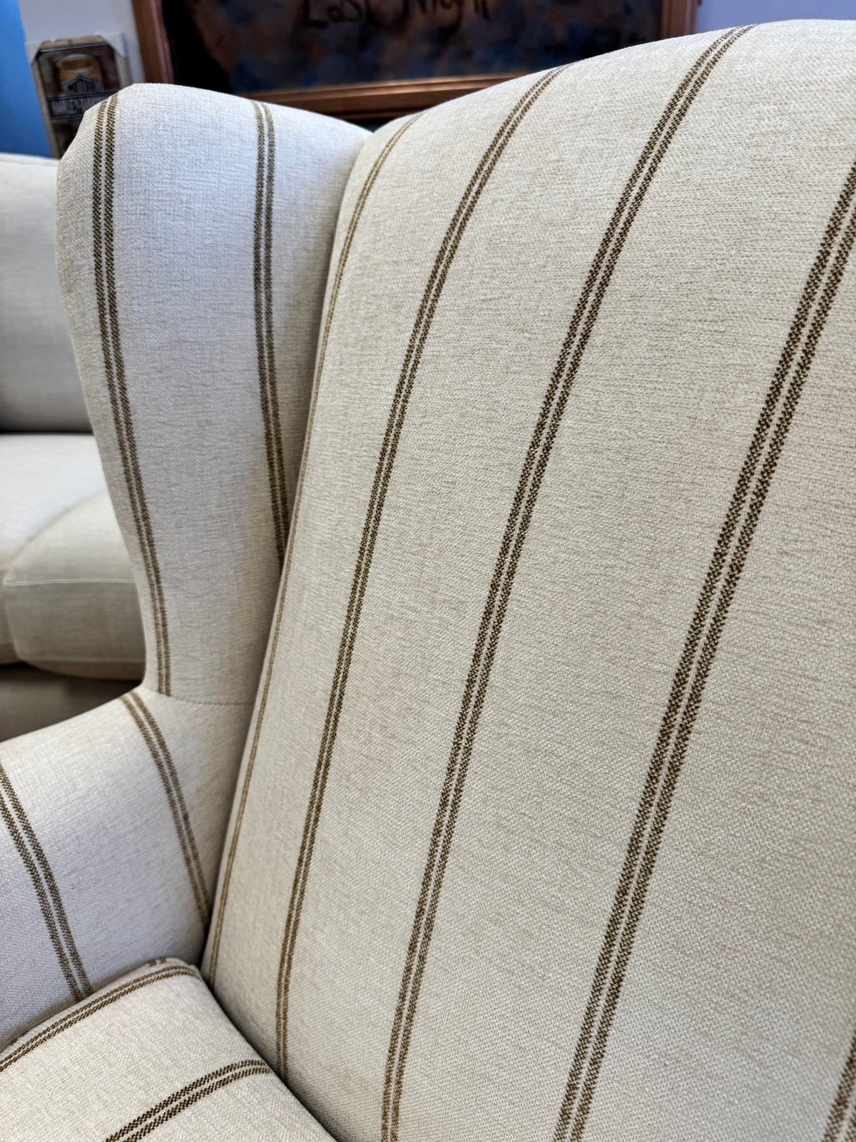 Heather high back winged armchair in natural & honey striped chenille