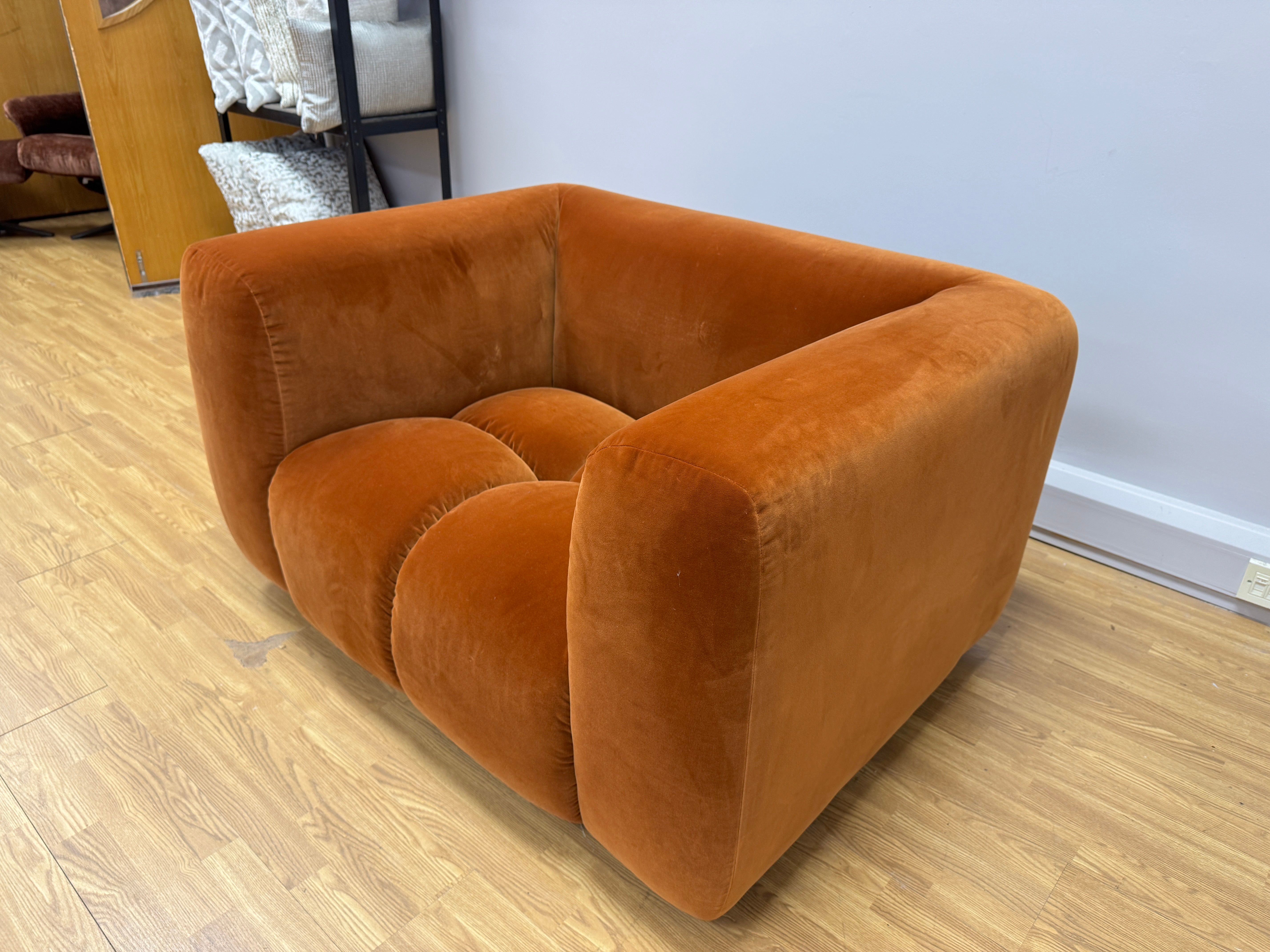 Reef bubble style armchair in Marmalade orange velvet