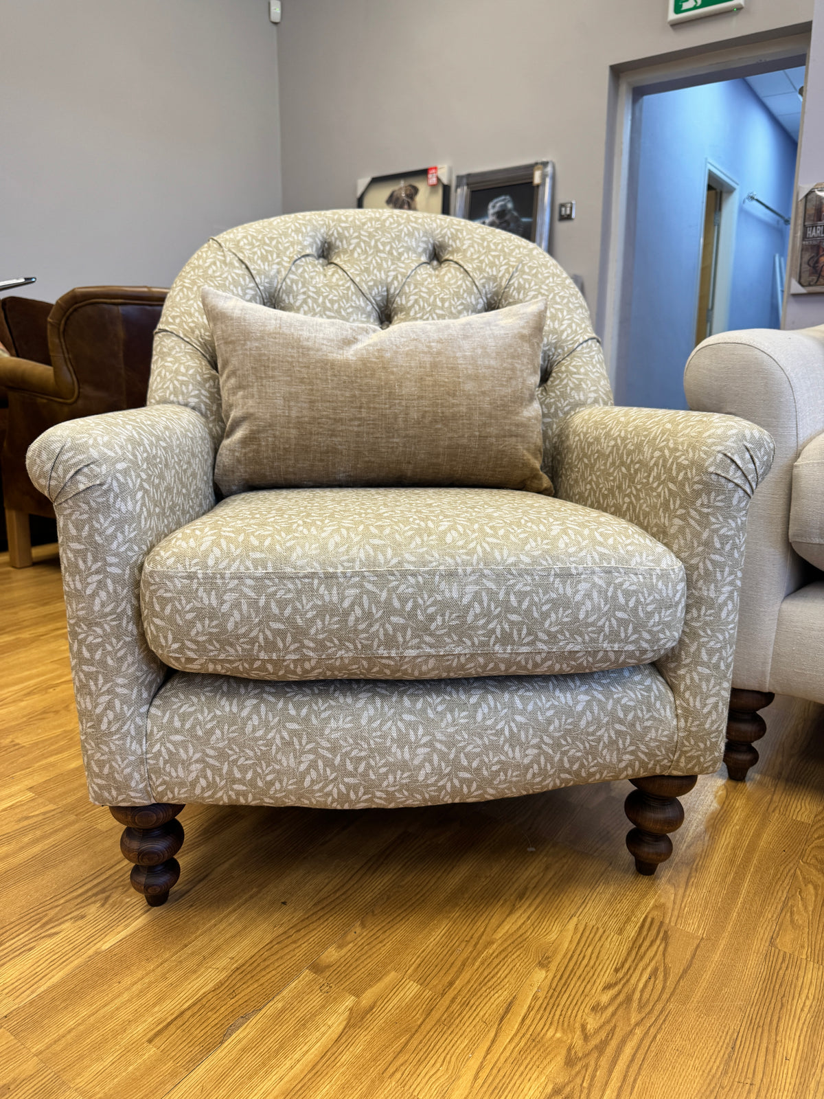 Clover small button back accent chair in Petal stone pattern fabric