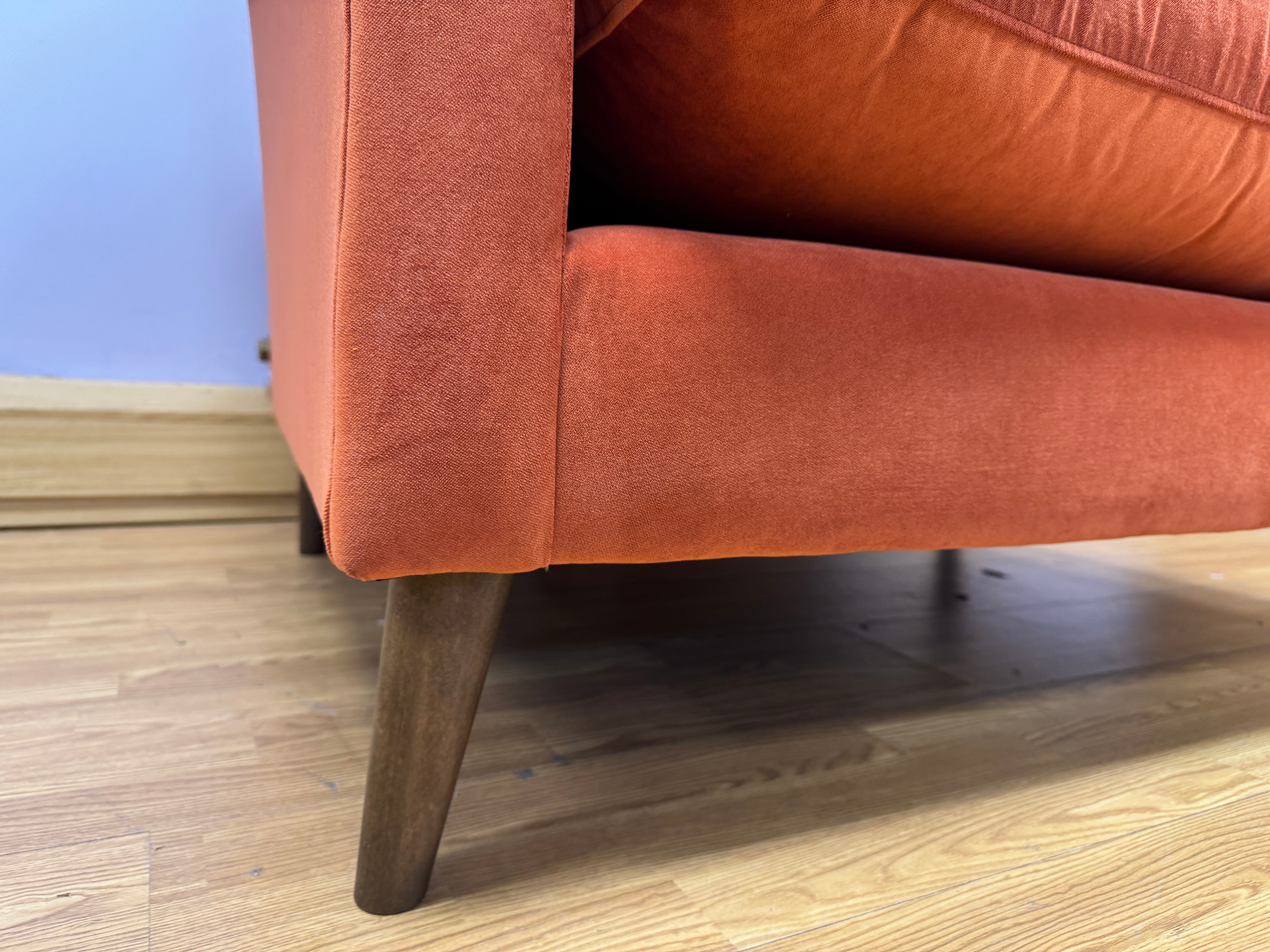 Oskar large loveseat in plush Marmalade orange velvet fabric