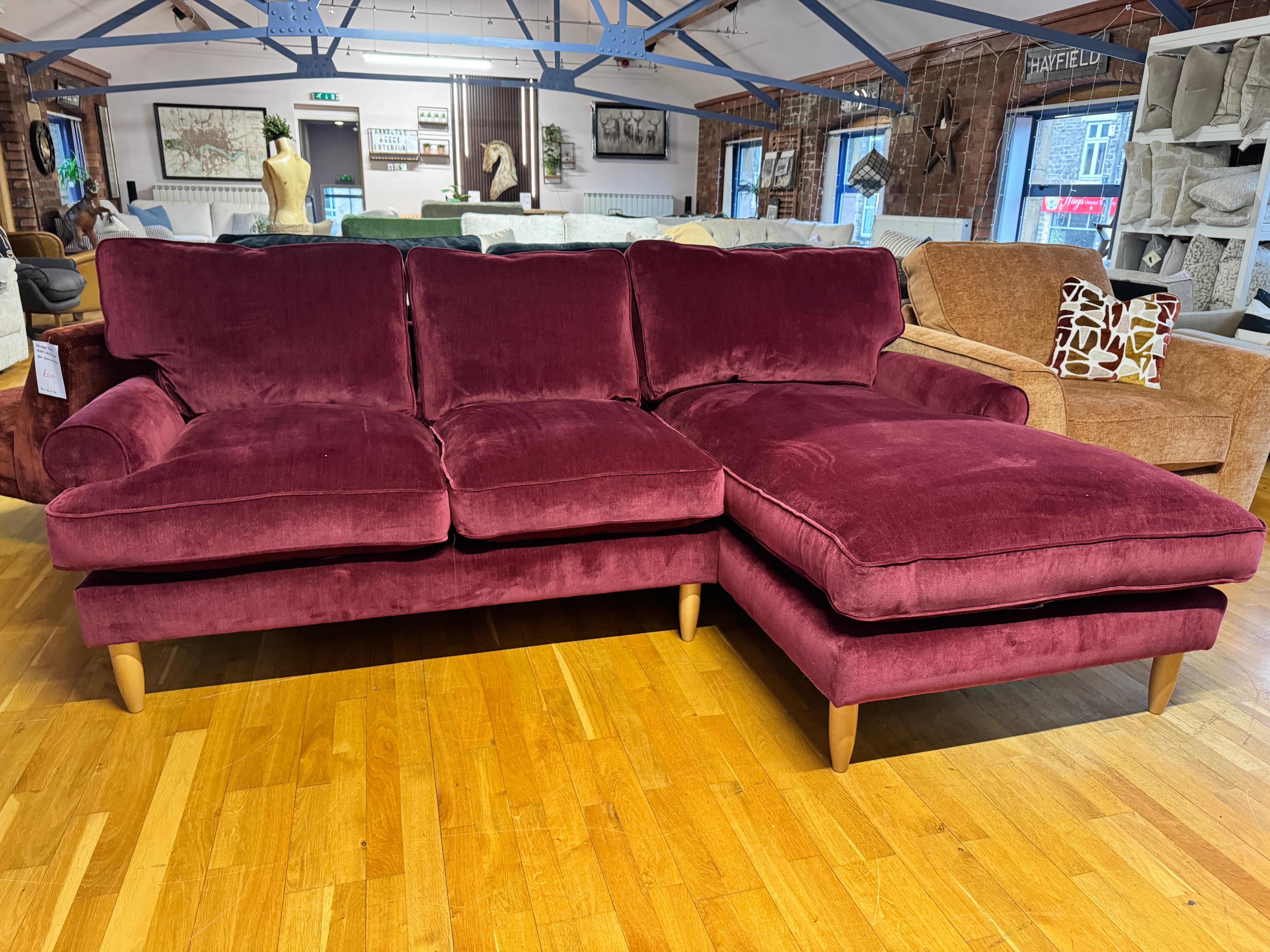 Finchley right facing 2 piece chaise sofa in Mulberry red chenille fabric