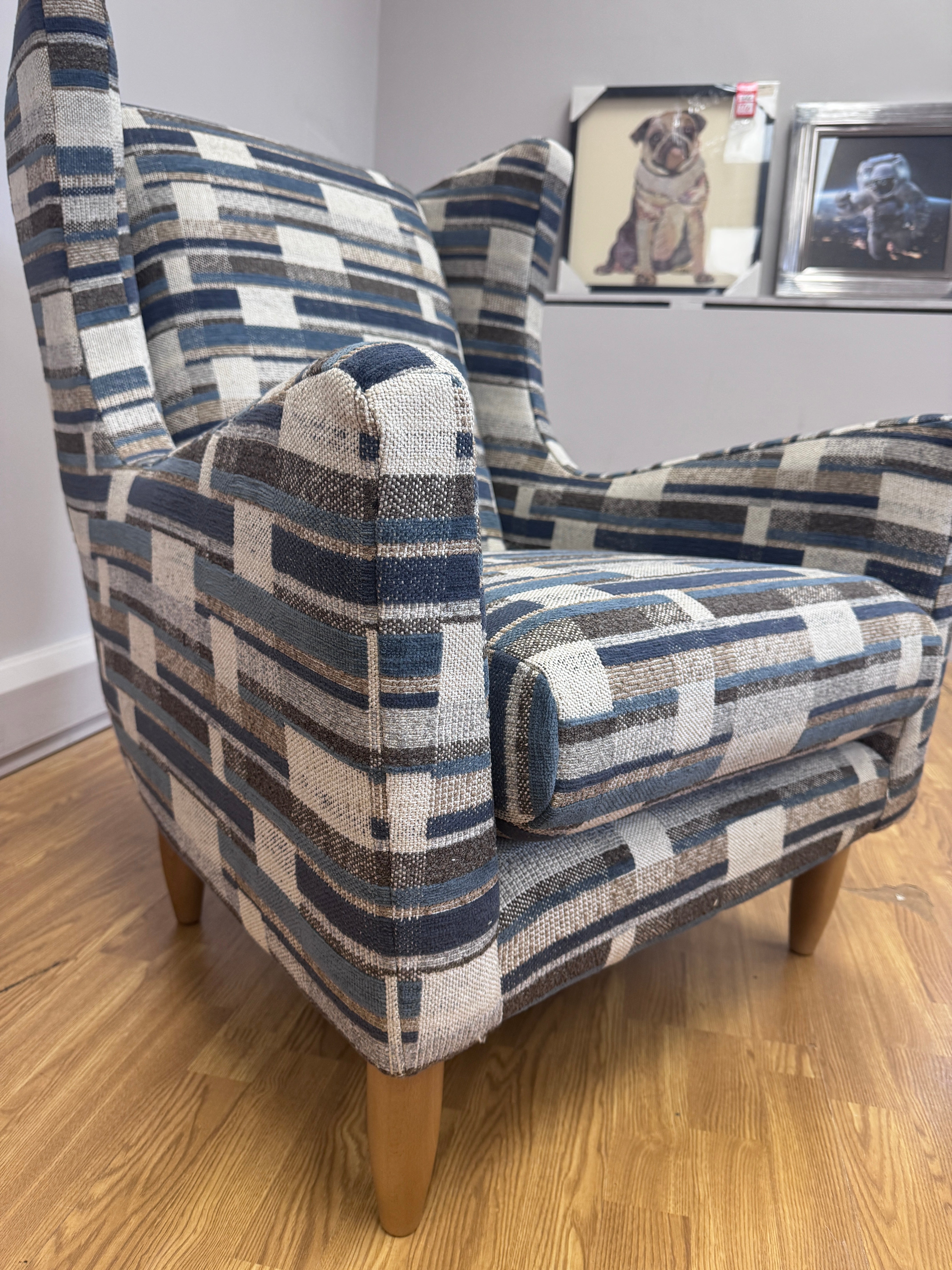 Atelier wingback accent chair in Bolero Harbour pattern fabric