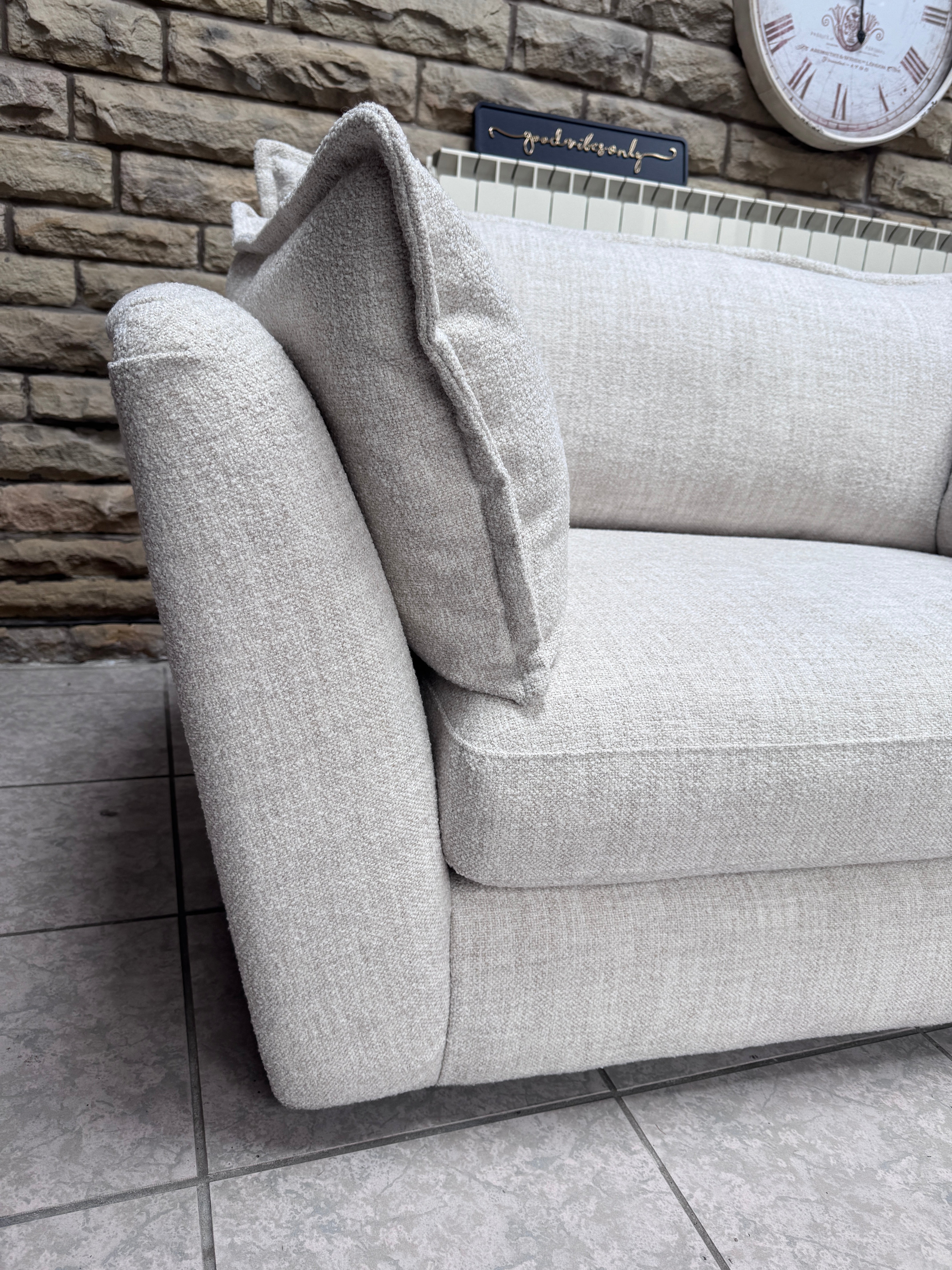 Luca large loveseat / cuddle chair / small sofa in Natural mix weave boucle fabric