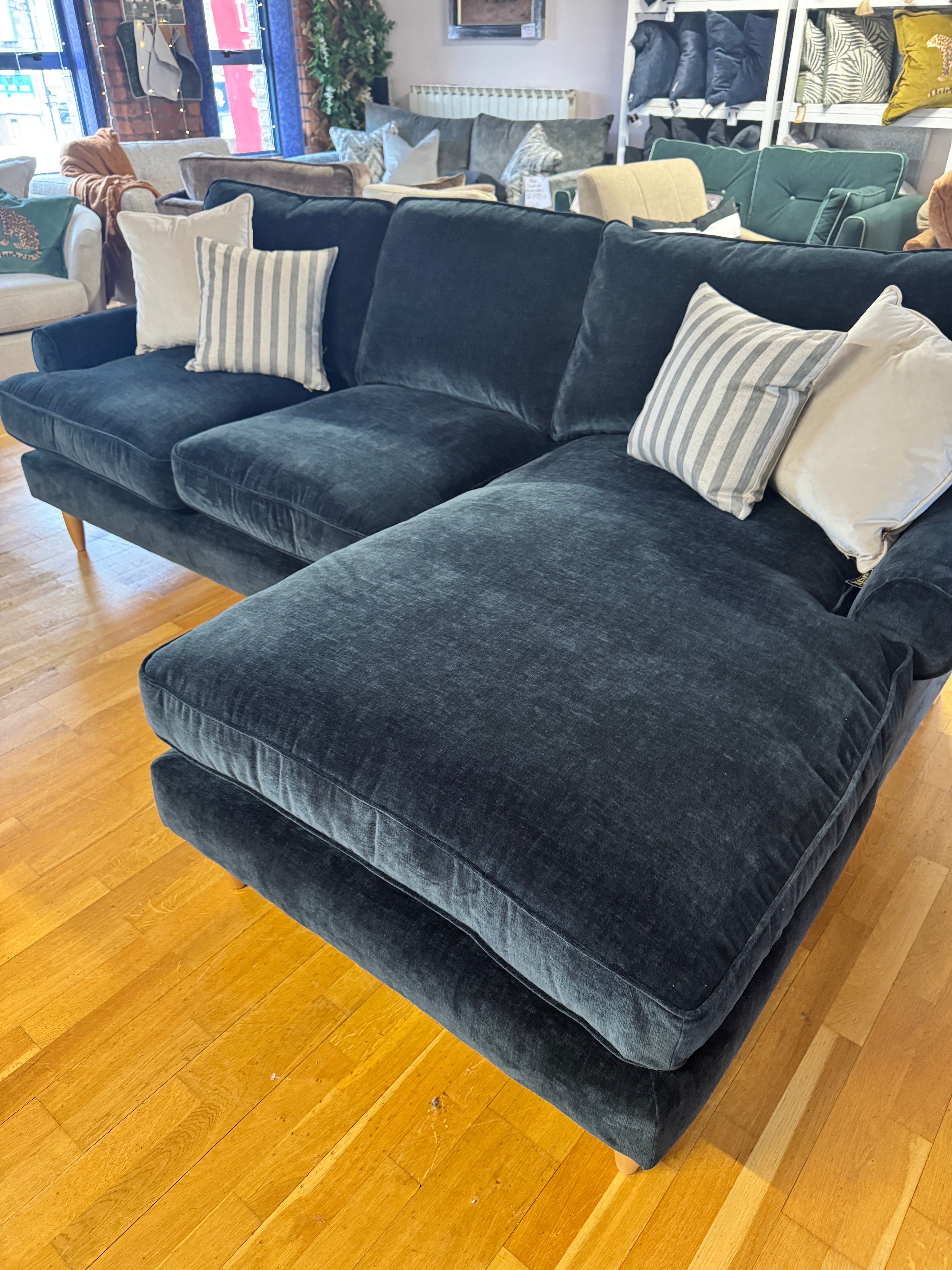 Finchley right facing 2 piece chaise sofa in Ink blue chenille fabric
