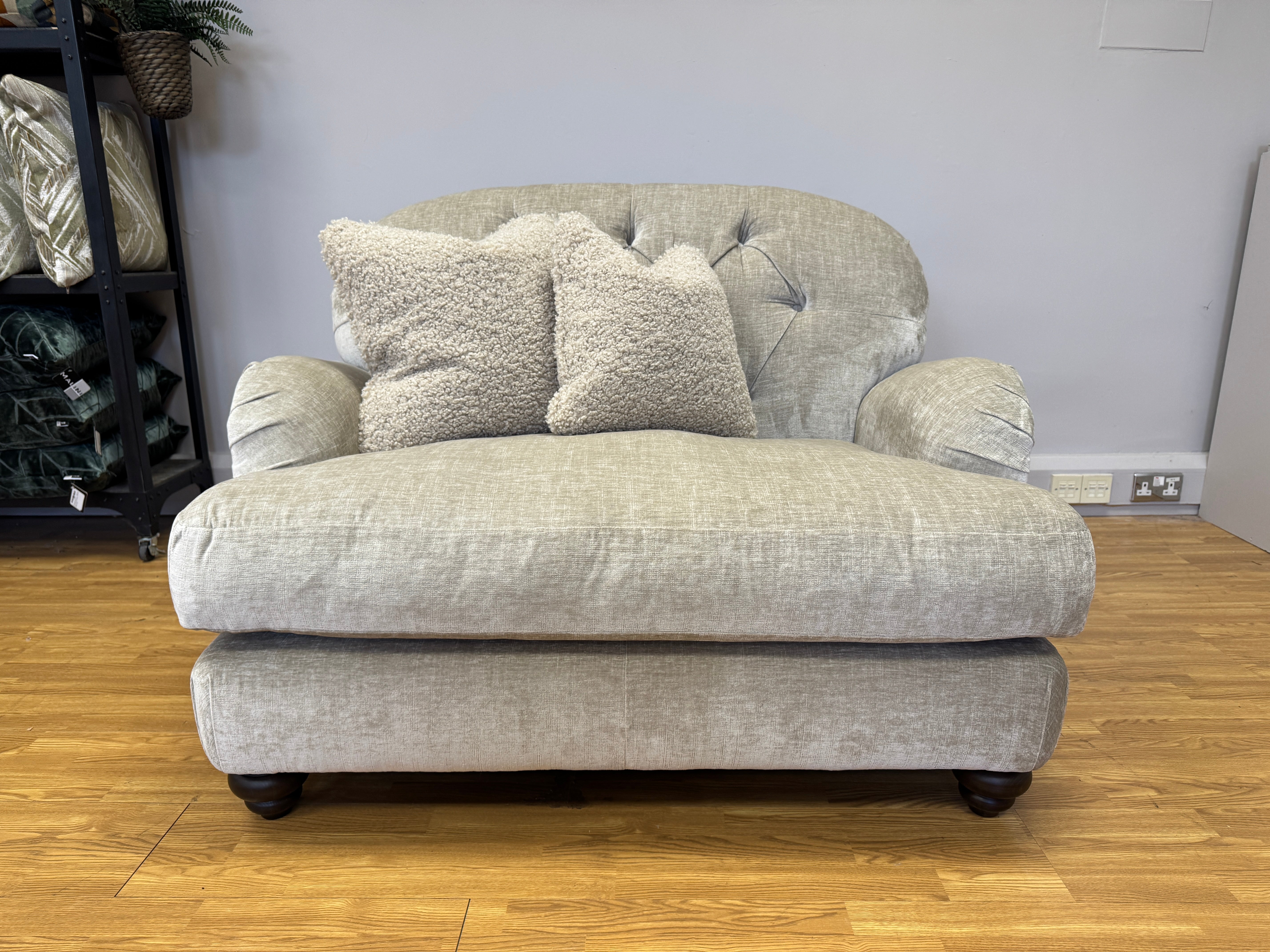 Derry button back loveseat in Dion Husk velvet fabric