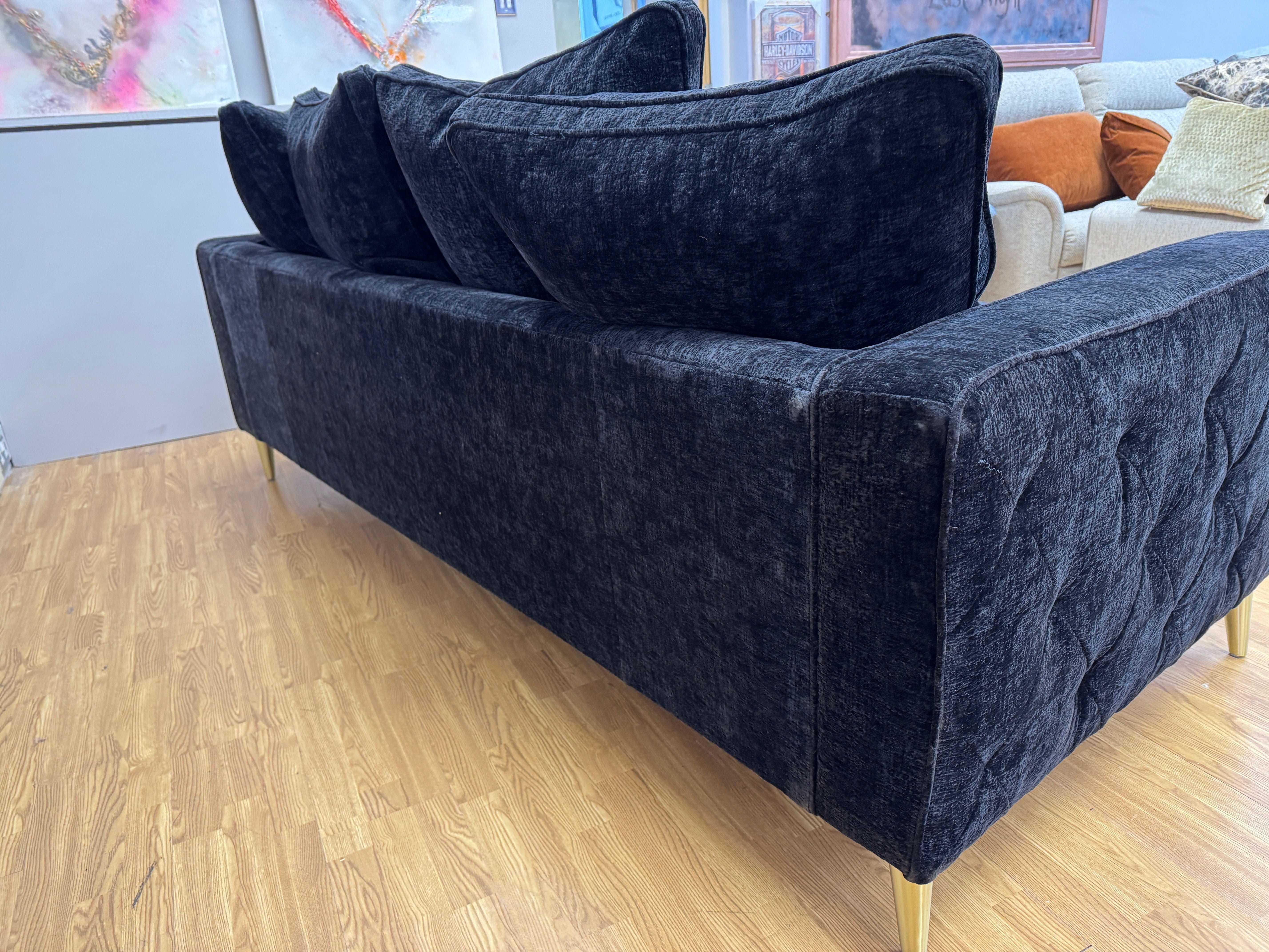 Sofology Rococo large 4 seater cushion back sofa in black chenille fabric