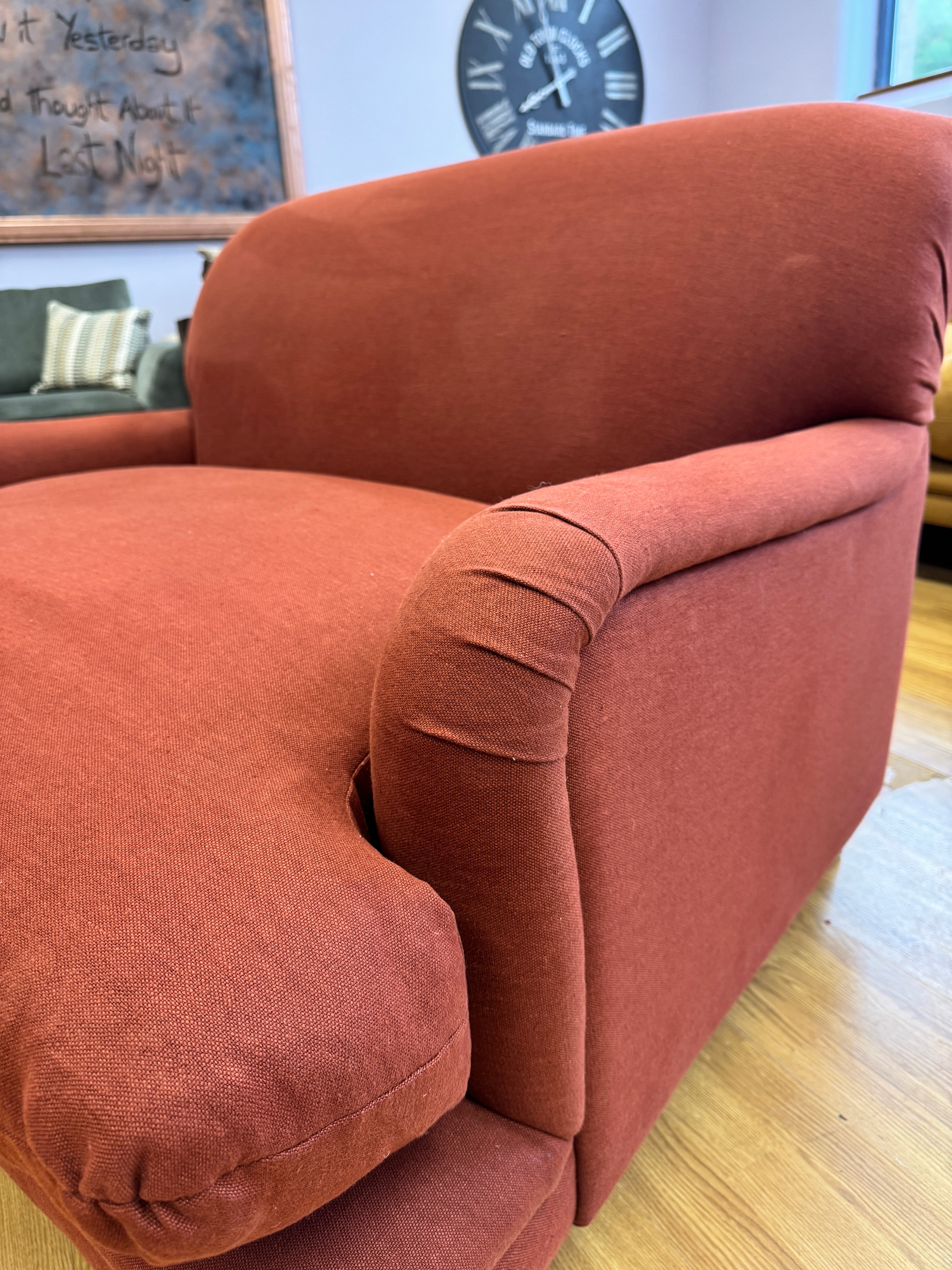 Pudding Loveseat in Quince Jam Red Linen fabric
