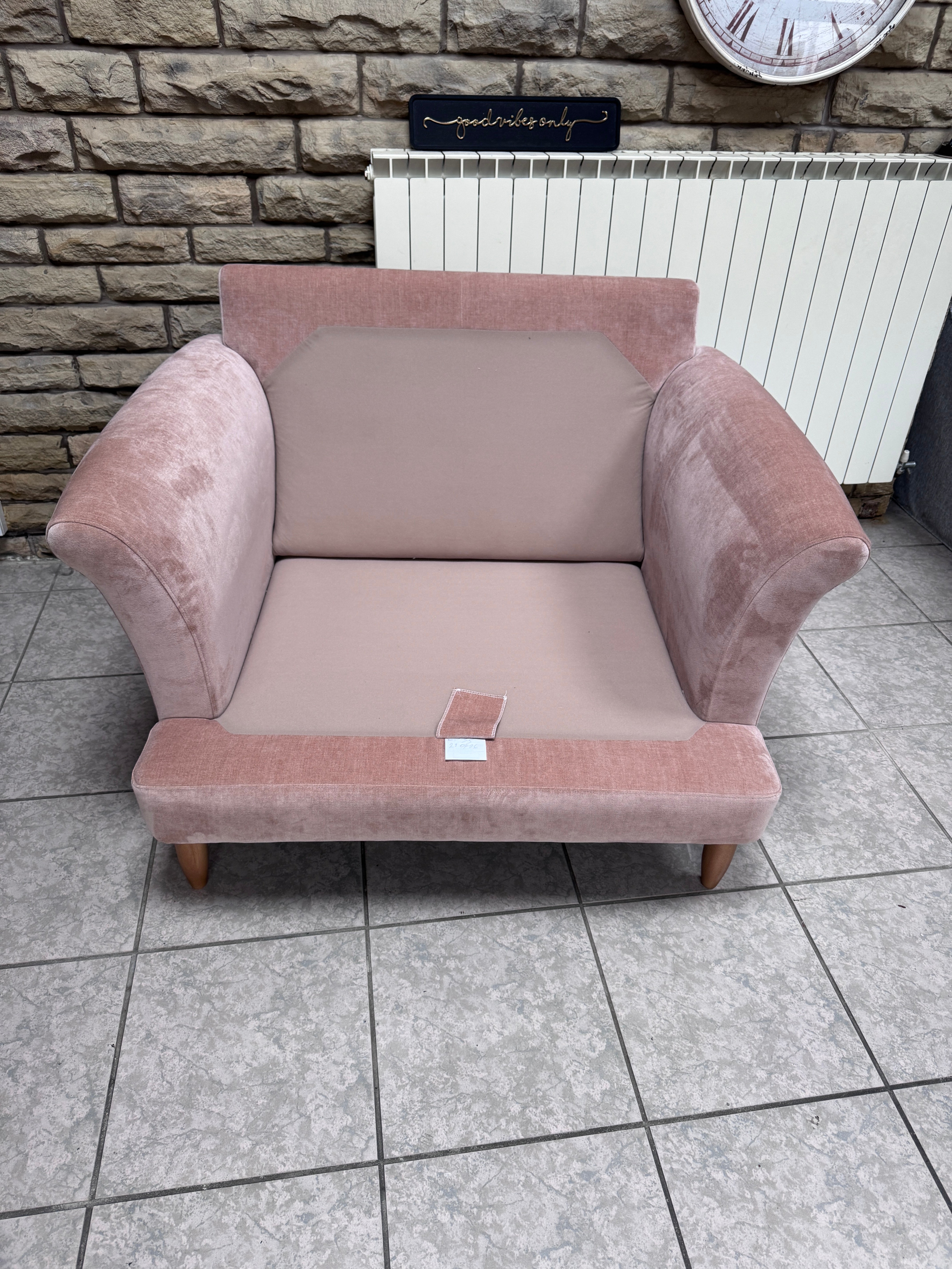 Iris loveseat with round arms in blush pink moleskin fabric