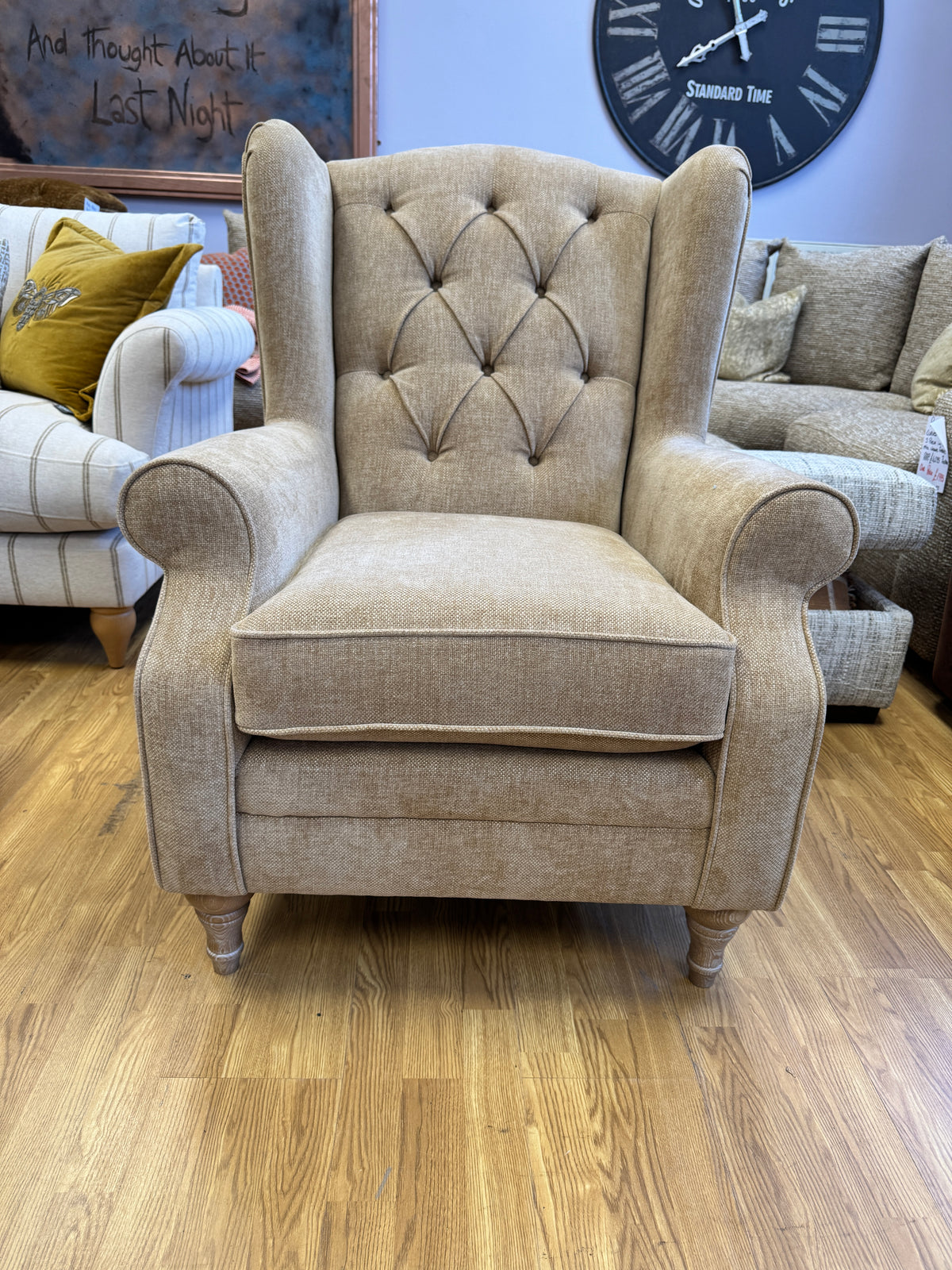 Heather high button back winged armchair in Marni Toffee chenille