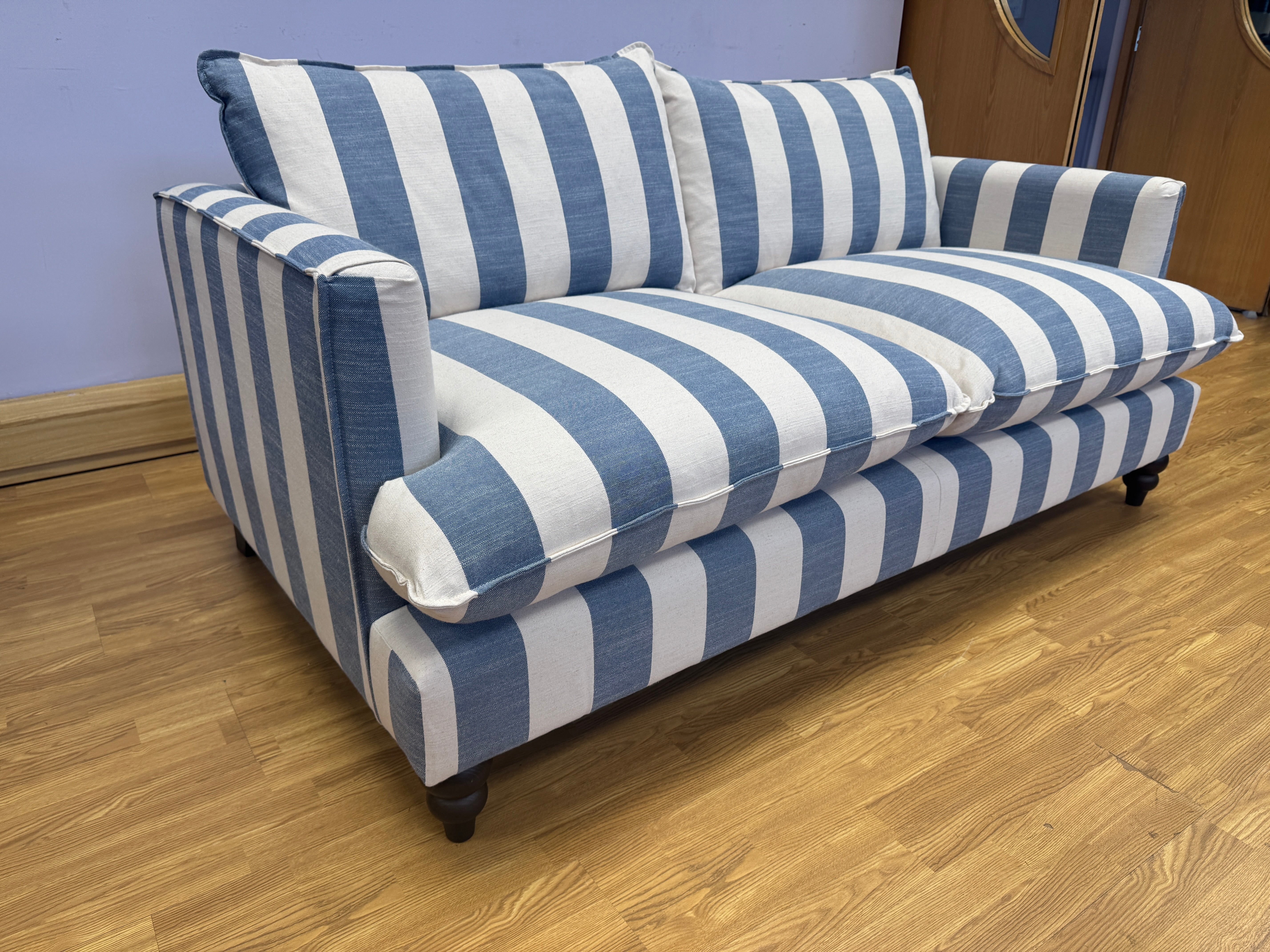 Cocobella 3 seater sofa & matching footstool in denim blue & white stripe fabric